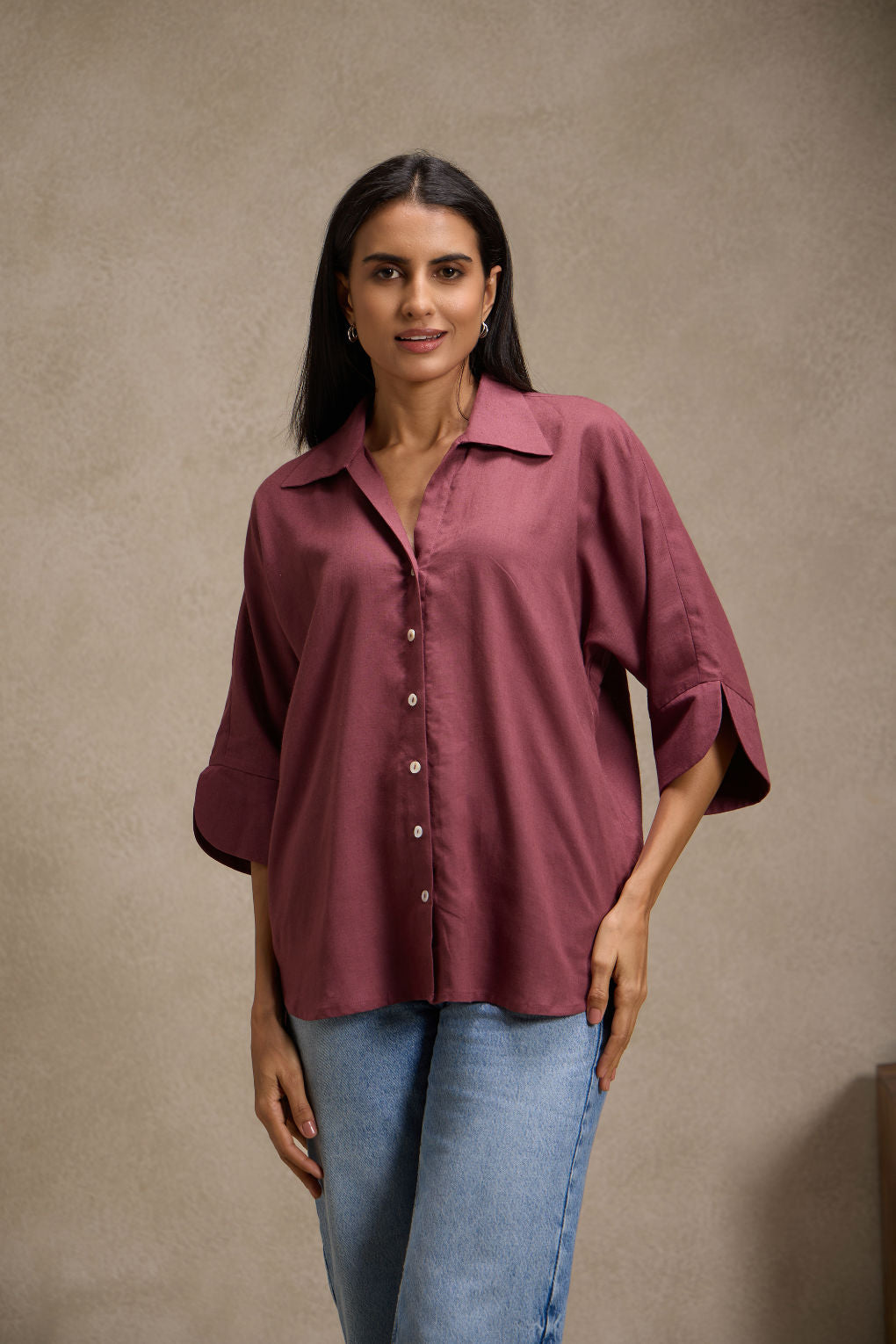 Brick Wine - Linen Dolman Sleeve Shirt for Women