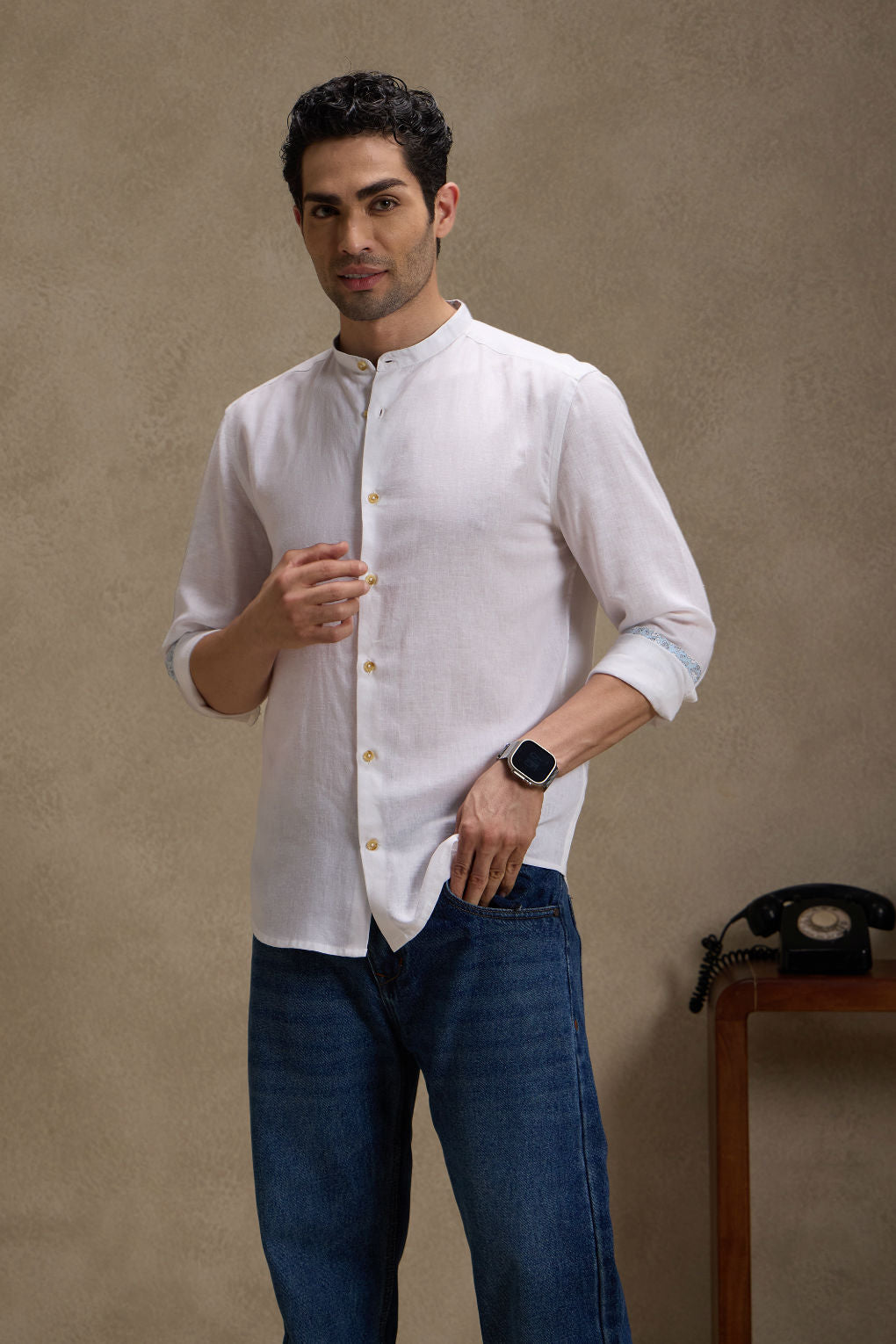 Vanilla White - Linen Mandarin Collar Shirt for Men