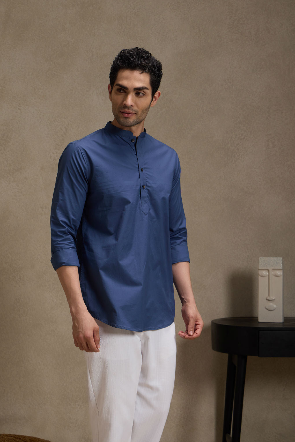 Admiral Blue Premium Cotton Mandarin Collar Short Kurta