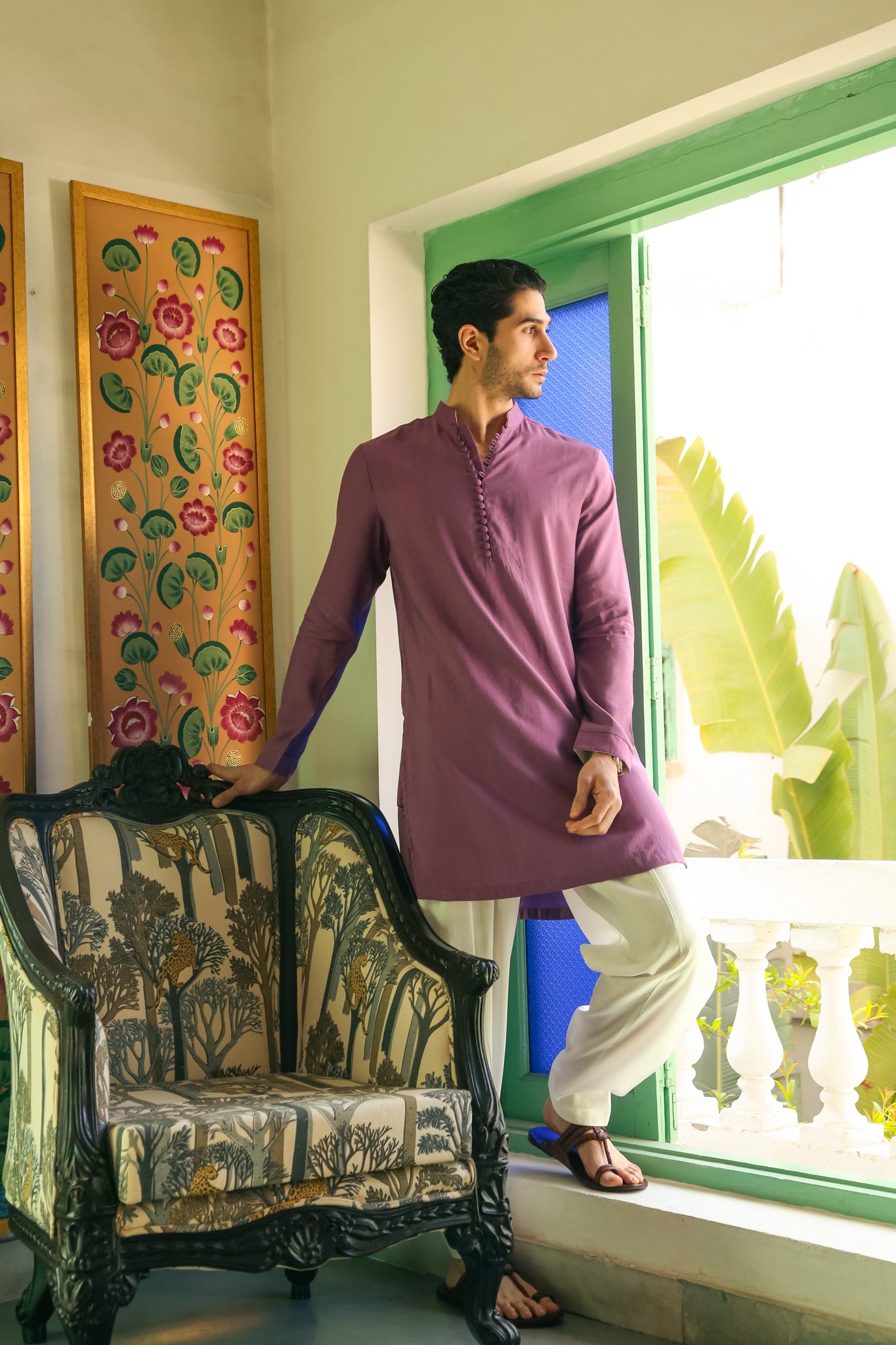 Men's Lustrous Purple Kurta with Mandarin Collar Kurta Mid Length Kurta