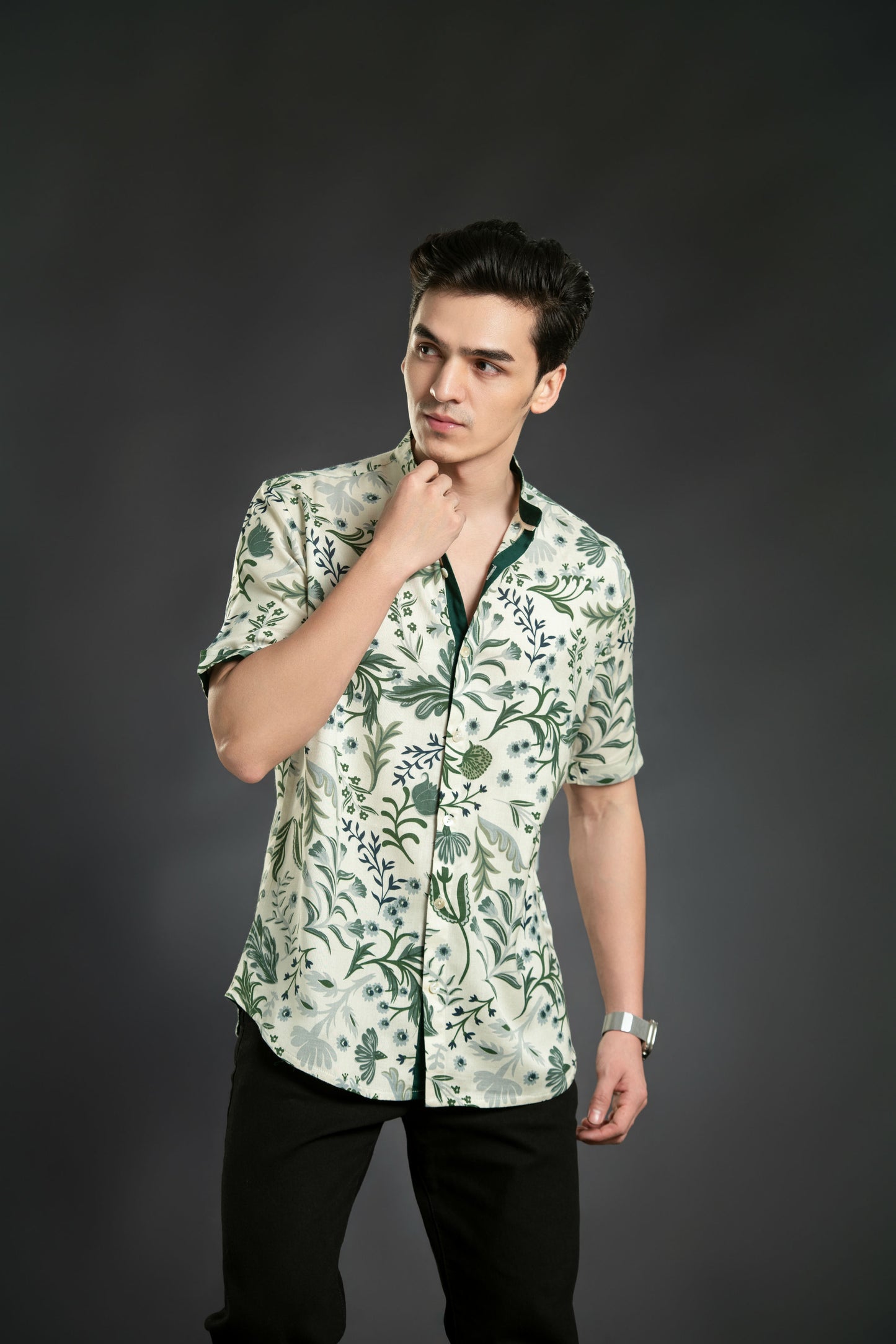 Floral Shirt With Mandarin Collar