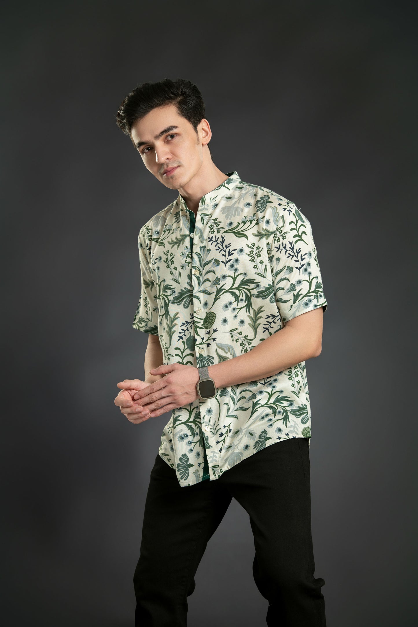 Floral Shirt With Mandarin Collar