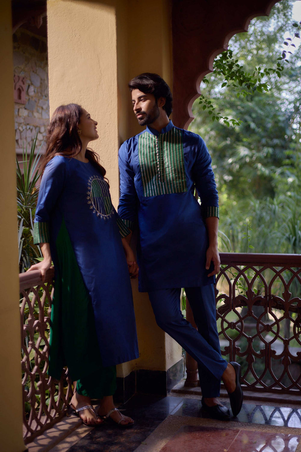 Azaan & Ayana - Silk Gold Striped & Potli Buttons Twin Set Twinning Statement