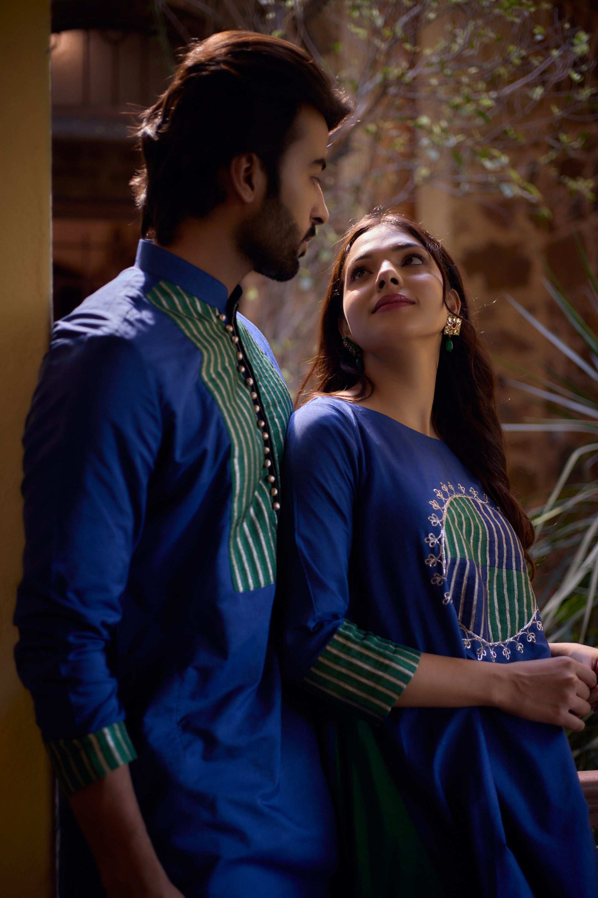 Azaan & Ayana - Silk Gold Striped & Potli Buttons Twin Set Twinning Statement