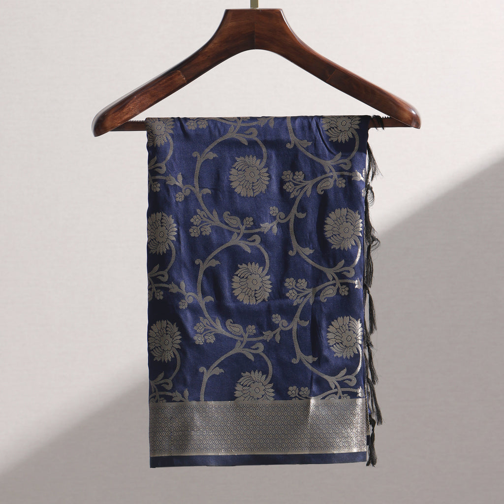 Navy Blue Banarasi Semi-Silk Dupatta with Floral Zari Weaving