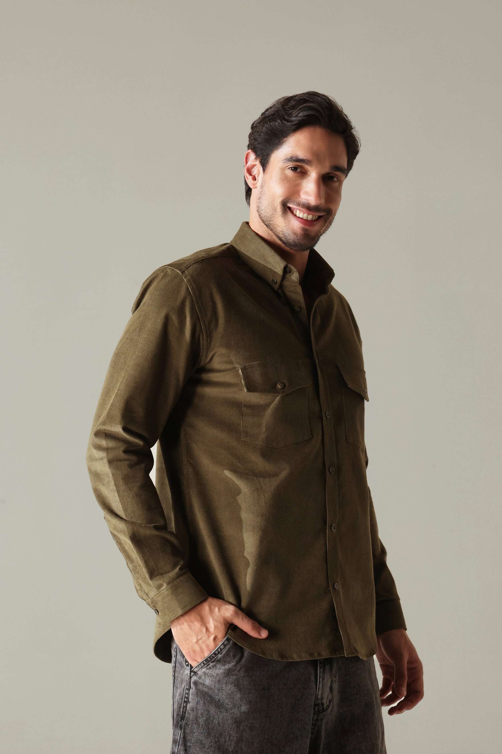 Corduroy Men's Shirt - Olive Green