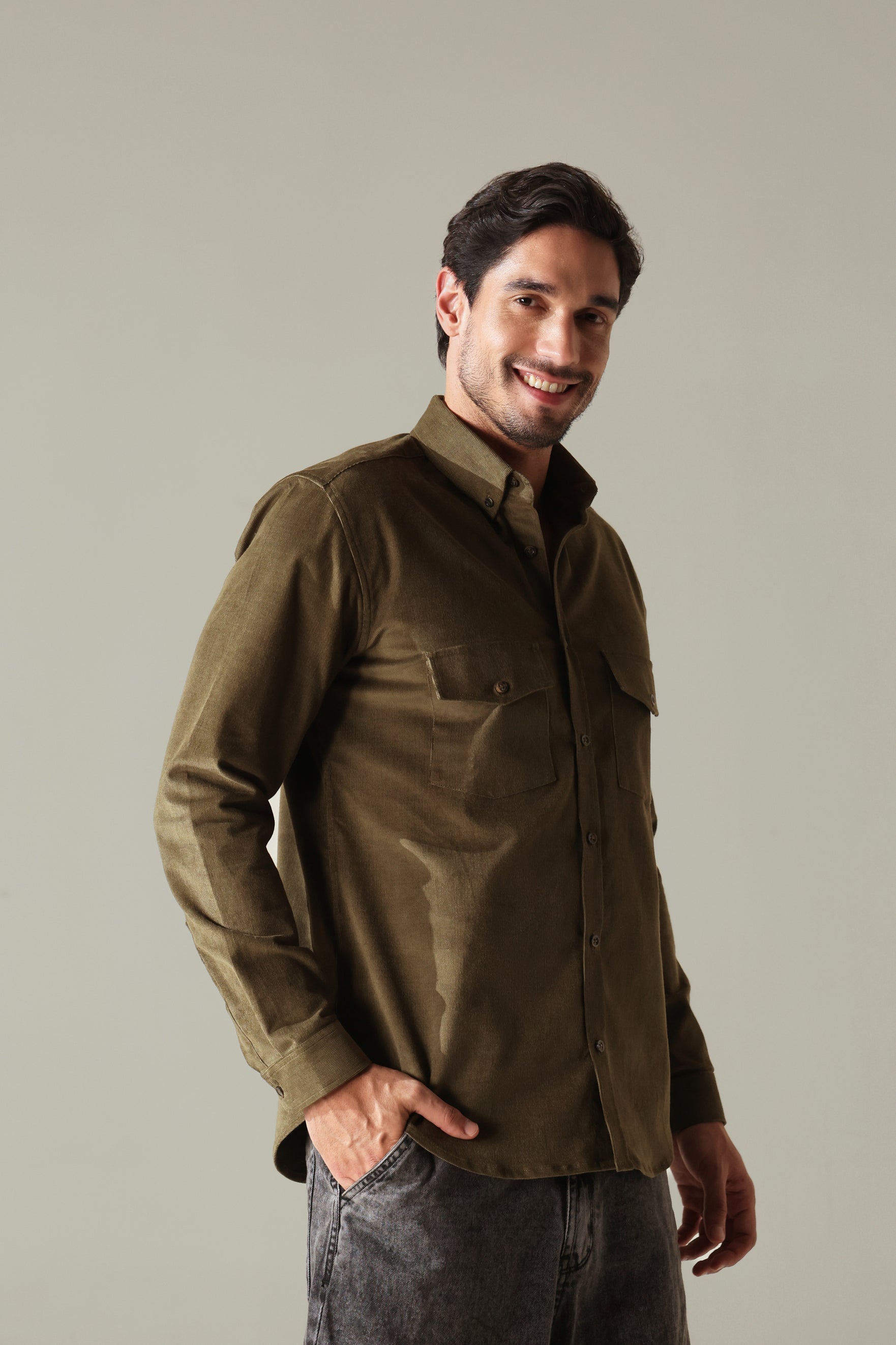 Corduroy Men's Shirt - Olive Green