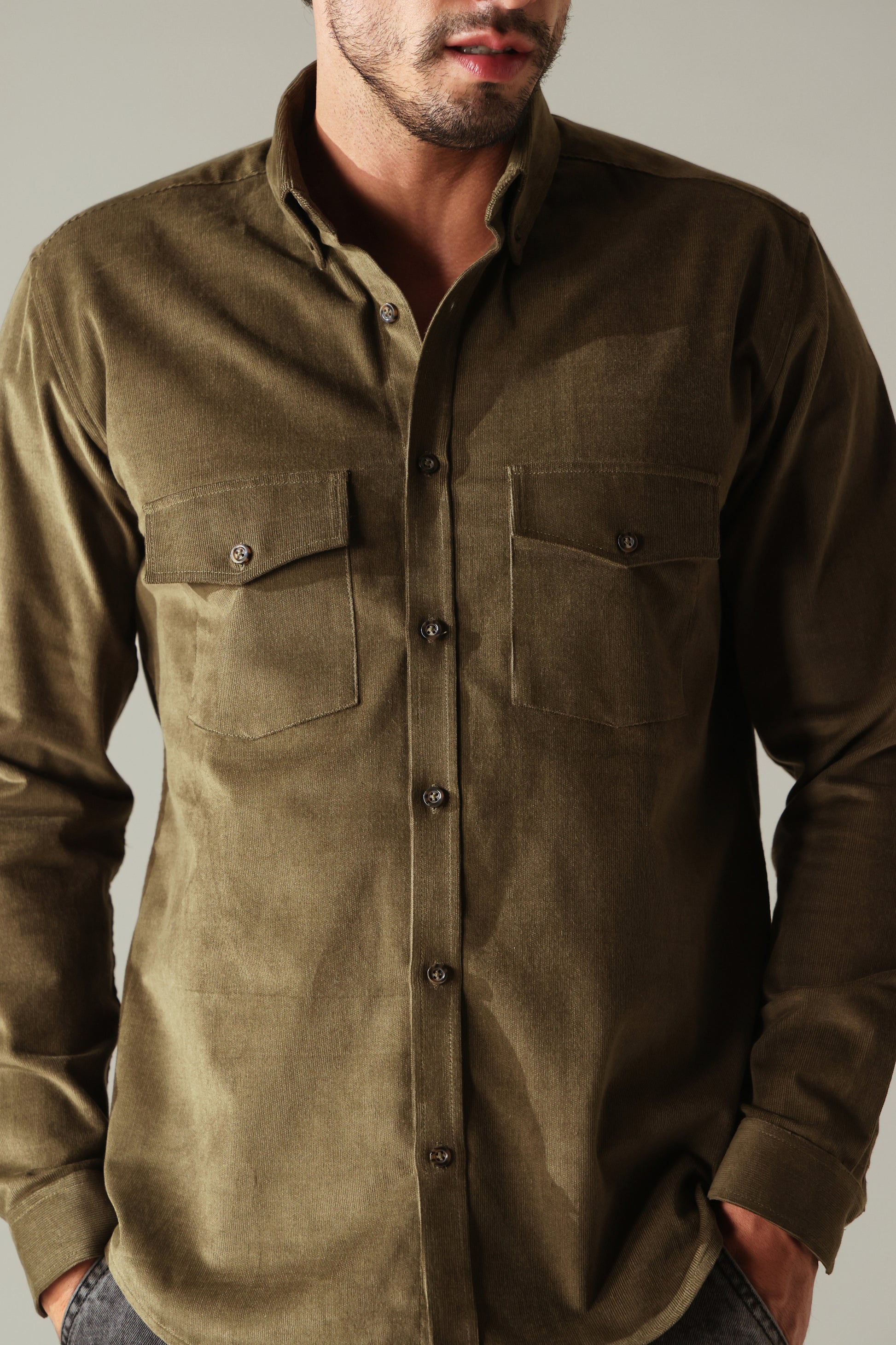 Corduroy Men's Shirt - Olive Green