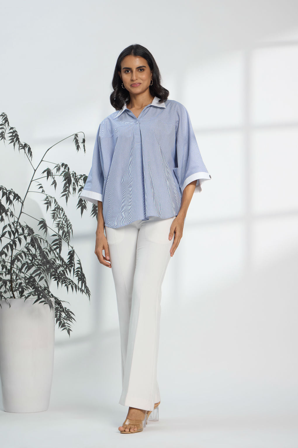 Pinstripe Blue - Fine Cotton Kimono Shirt for Women