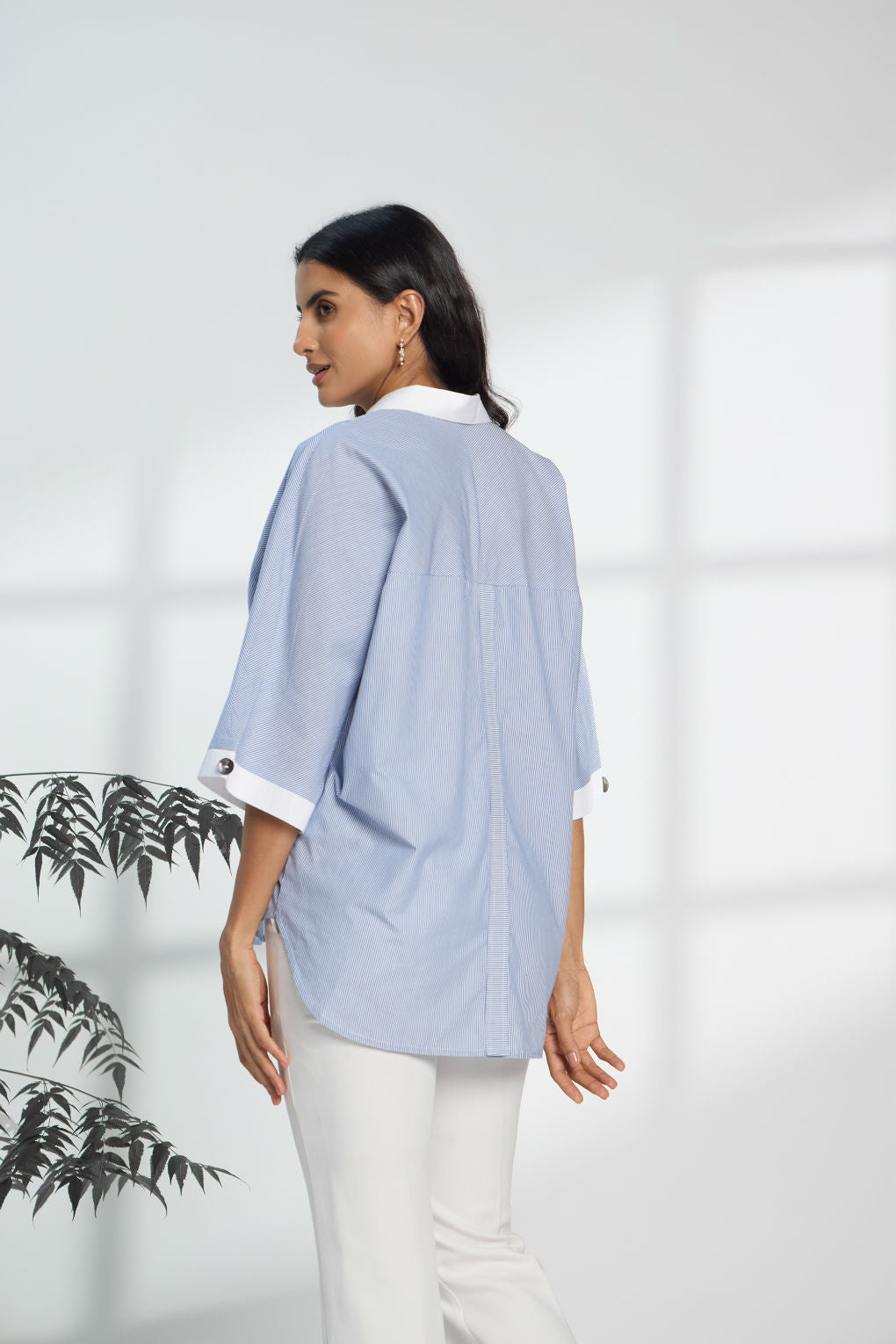 Pinstripe Blue - Fine Cotton Kimono Shirt for Women