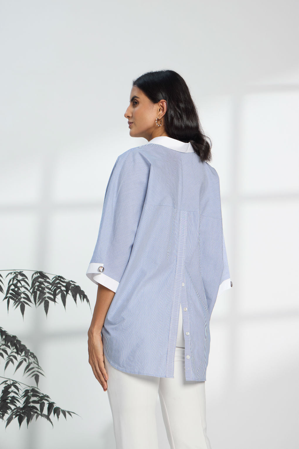 Pinstripe Blue - Fine Cotton Kimono Shirt for Women