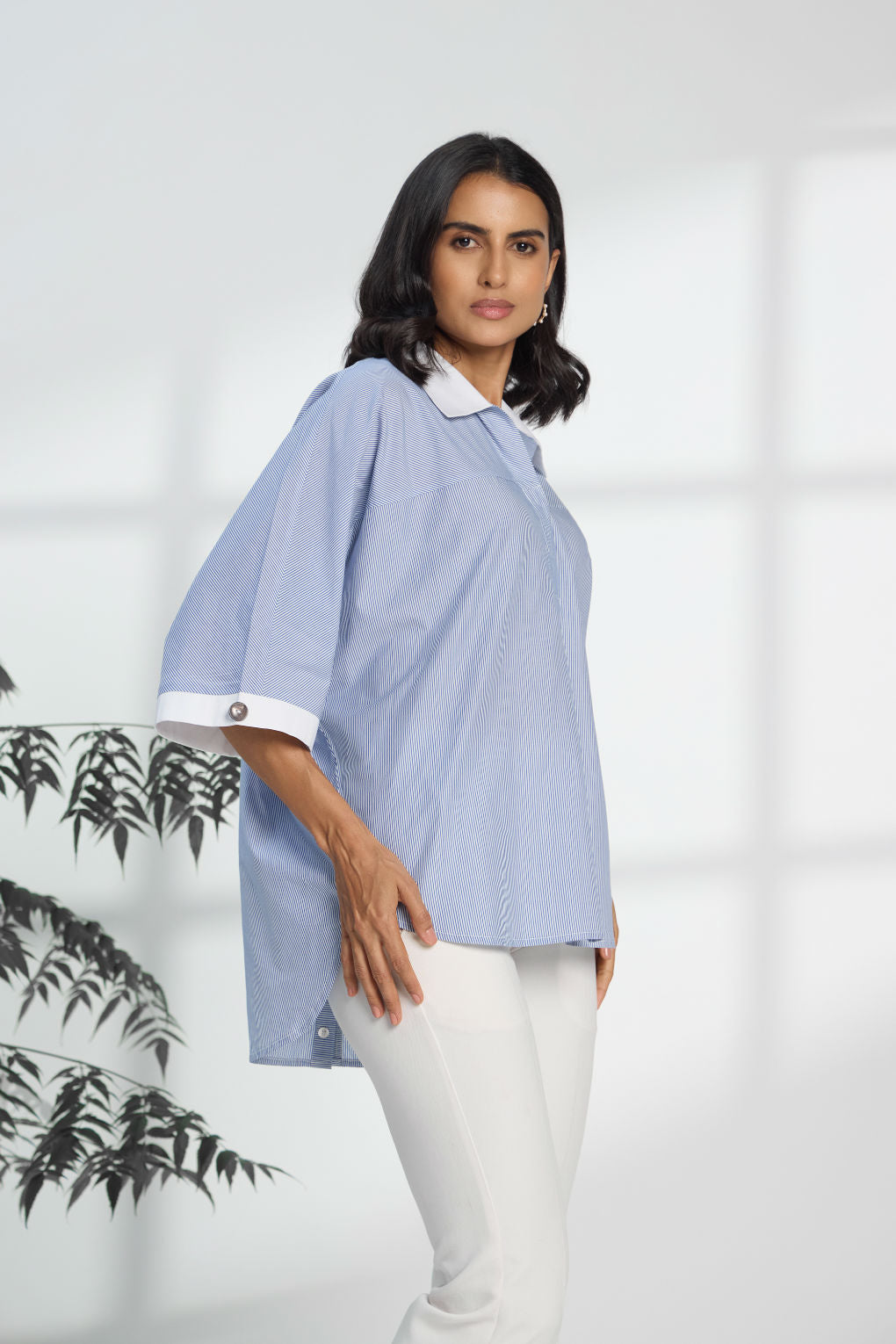 Pinstripe Blue - Fine Cotton Kimono Shirt for Women