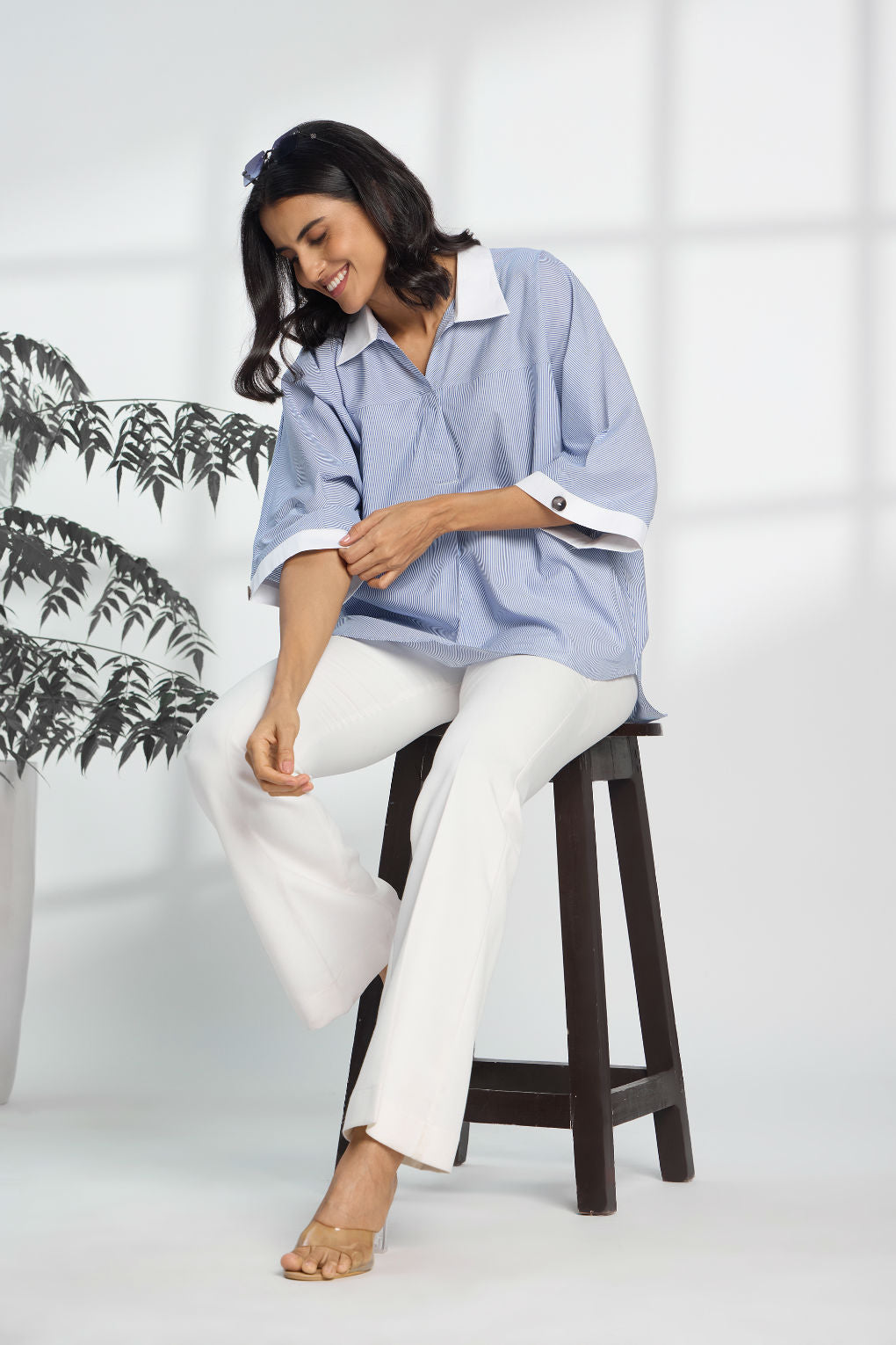 Pinstripe Blue - Fine Cotton Kimono Shirt for Women
