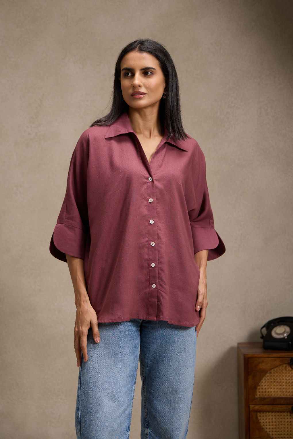 Brick Wine - Linen Dolman Sleeve Shirt for Women