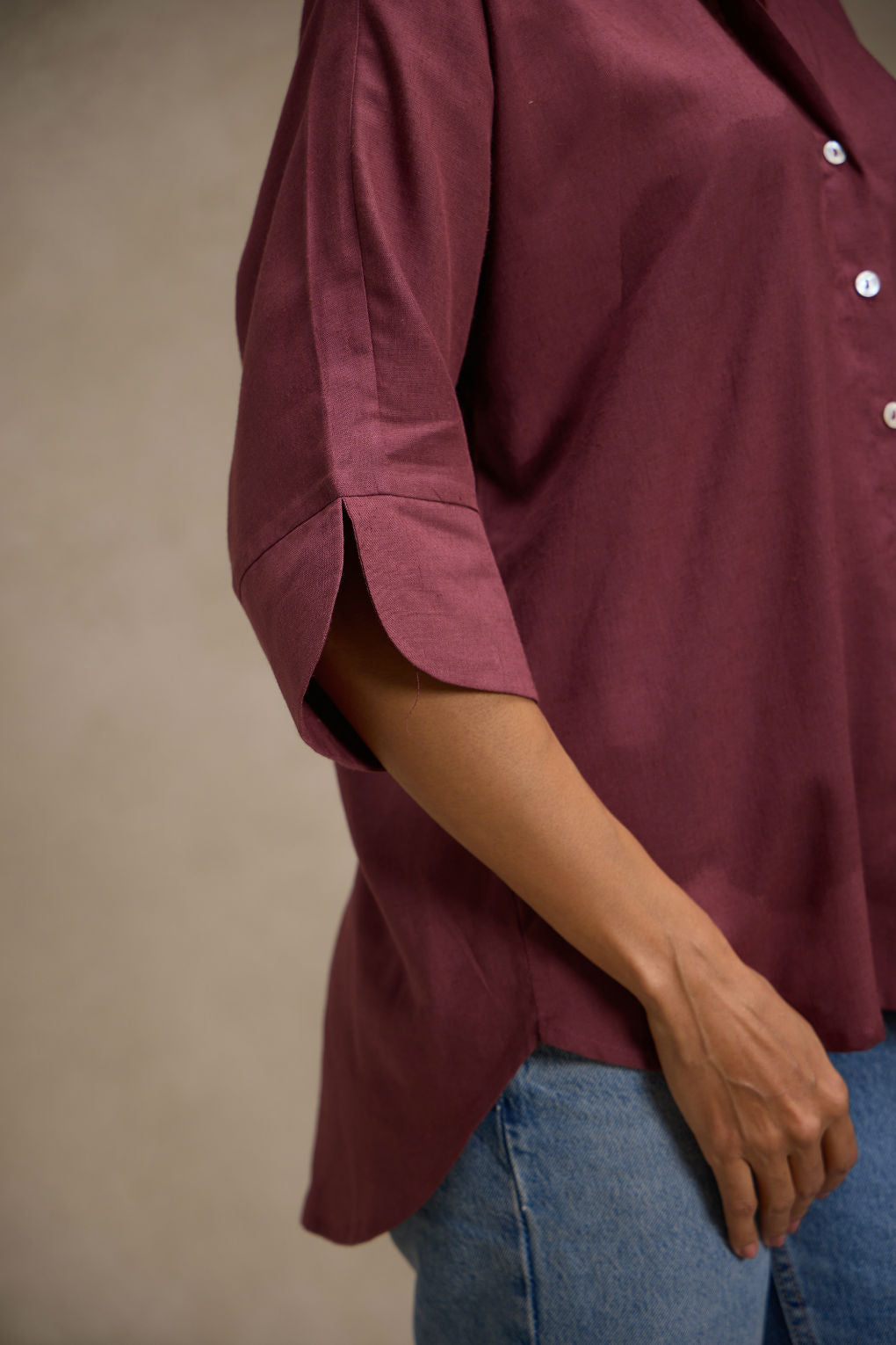 Brick Wine - Linen Dolman Sleeve Shirt for Women