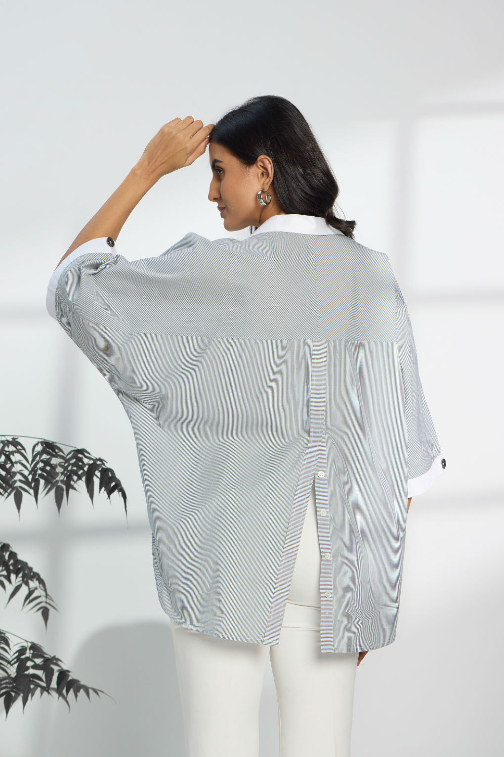 Pinstripe Green - Fine Cotton Kimono Shirt for Women