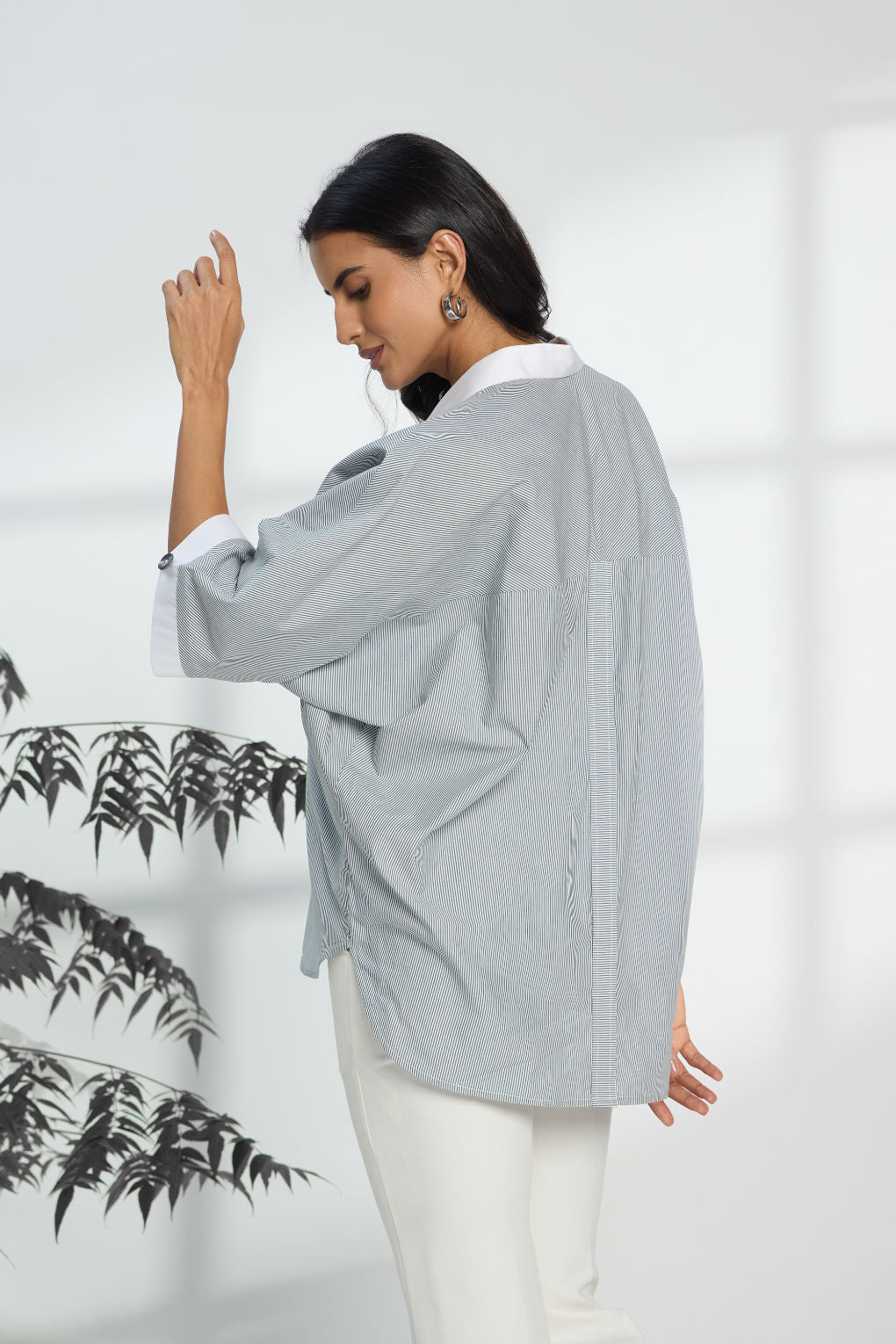 Pinstripe Green - Fine Cotton Kimono Shirt for Women