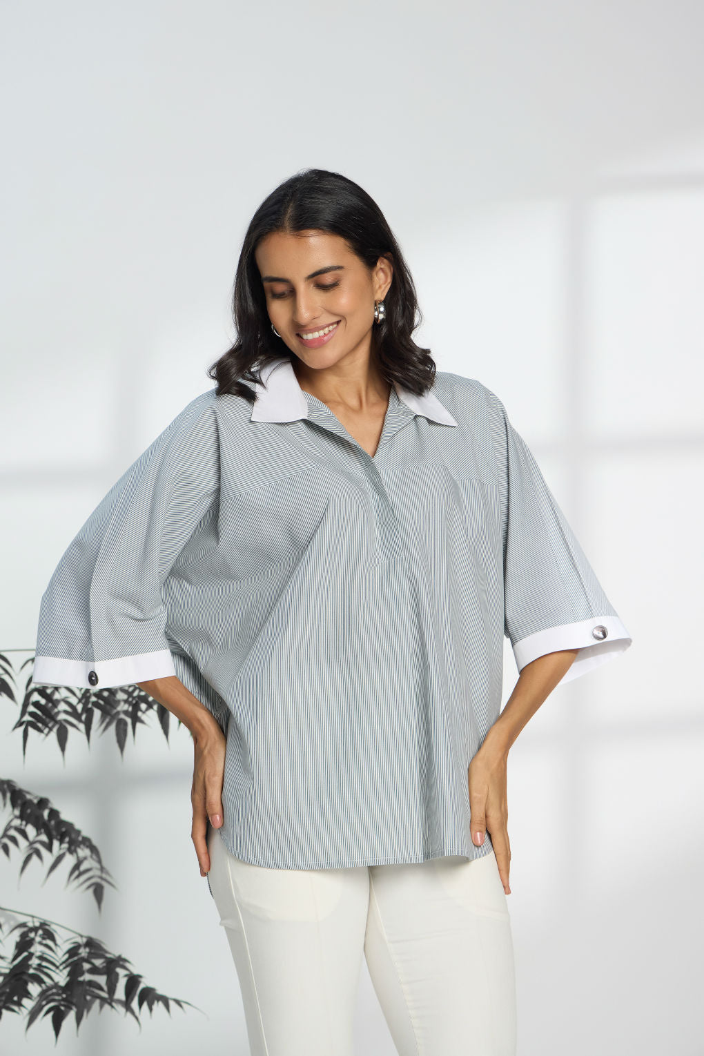 Pinstripe Green - Fine Cotton Kimono Shirt for Women