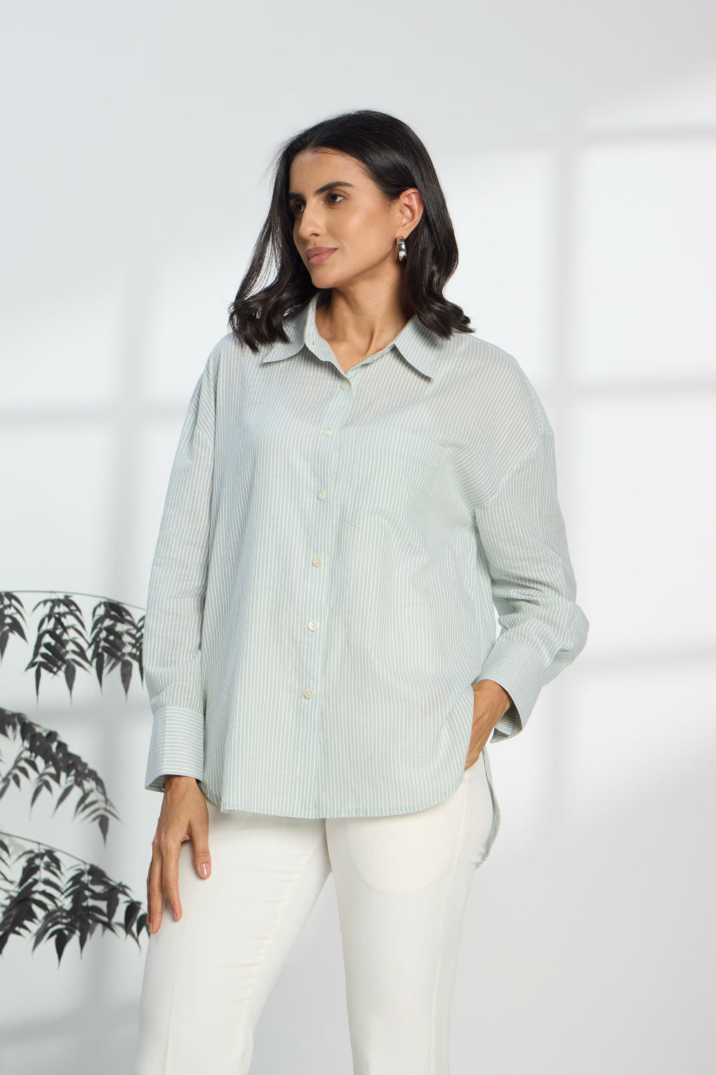 Green Apple Stripe - Oversized Cotton Shirt for Women