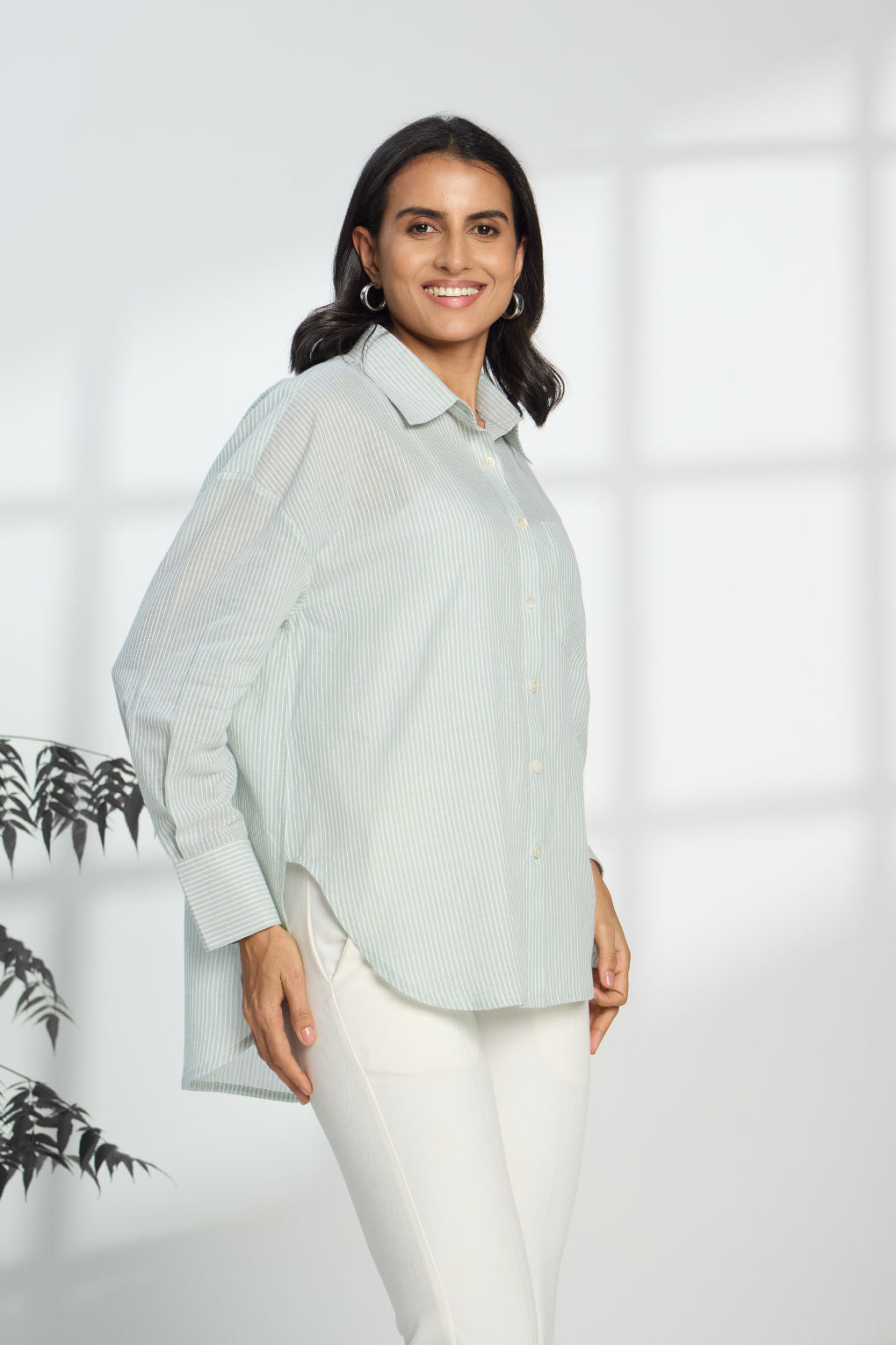 Green Apple Stripe - Oversized Cotton Shirt for Women