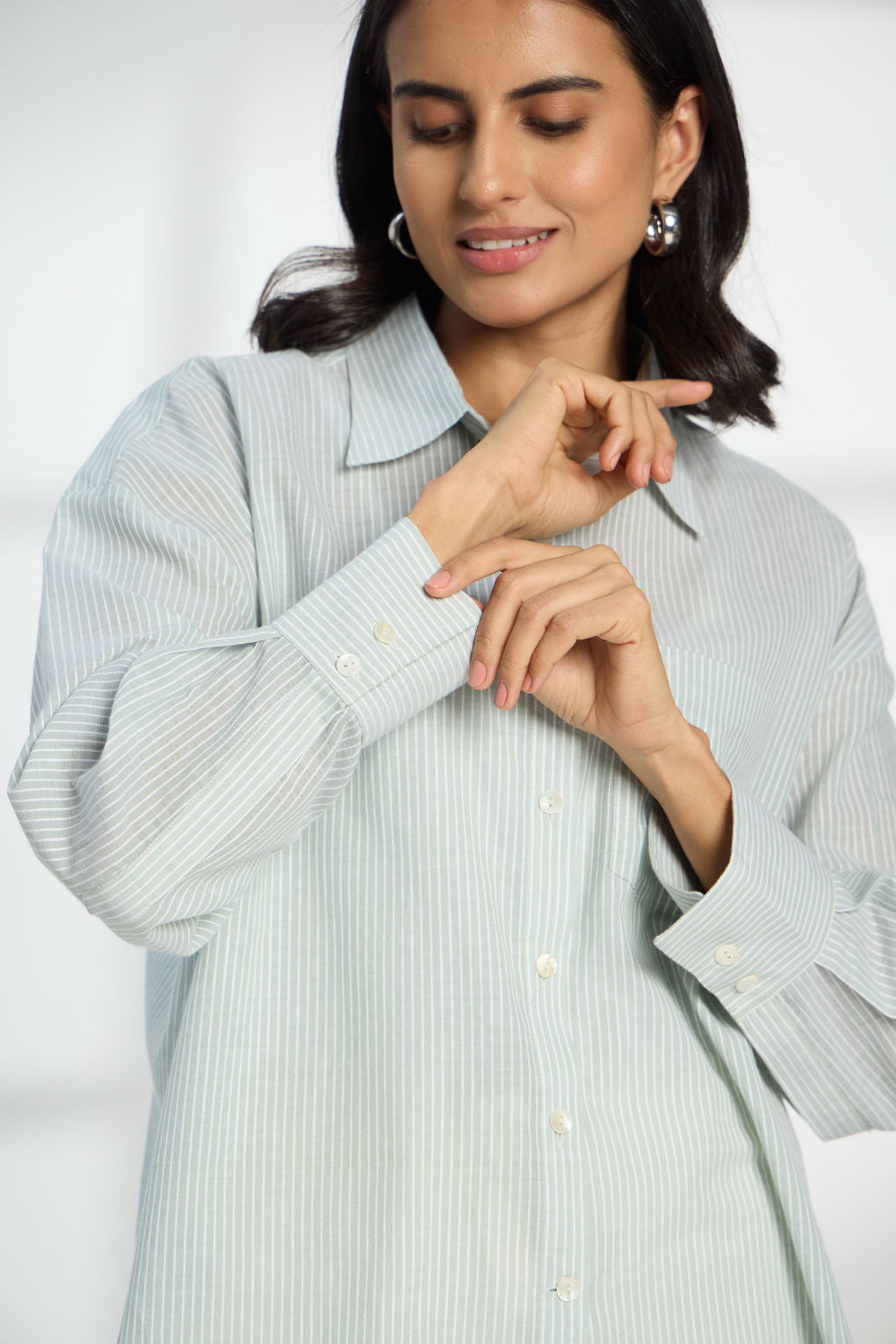 Green Apple Stripe - Oversized Cotton Shirt for Women