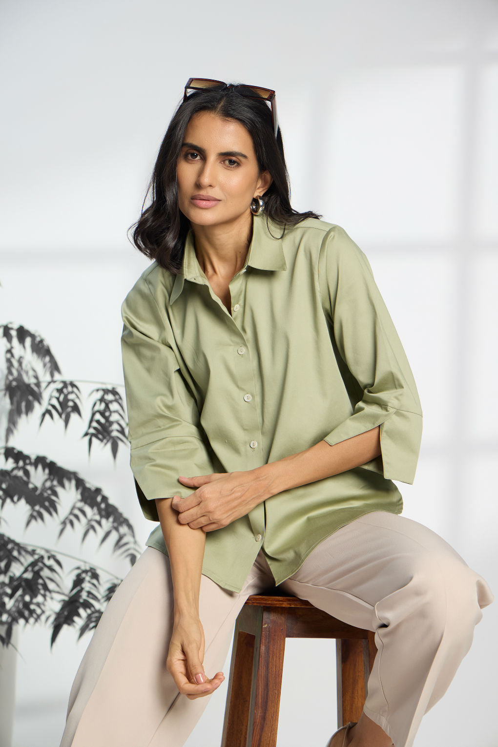 Jalapeno Green - Cotton Satin Formal Shirt for Women