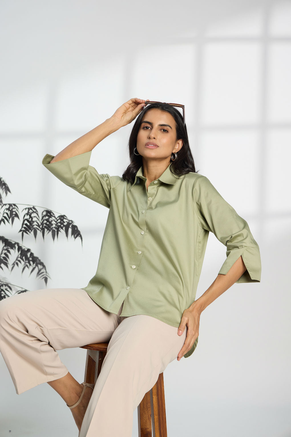 Jalapeno Green - Cotton Satin Formal Shirt for Women