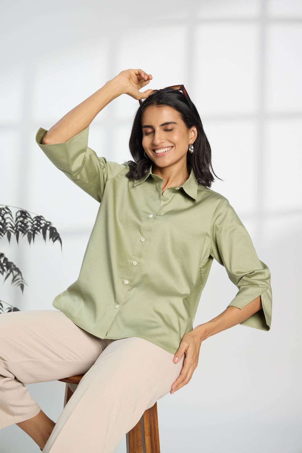 Jalapeno Green - Cotton Satin Formal Shirt for Women