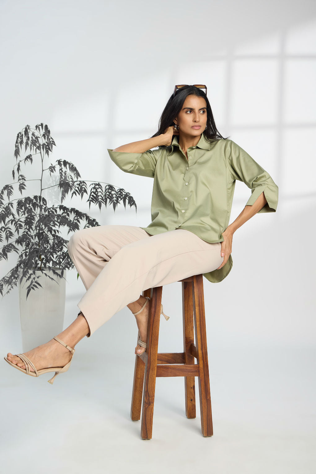 Jalapeno Green - Cotton Satin Formal Shirt for Women