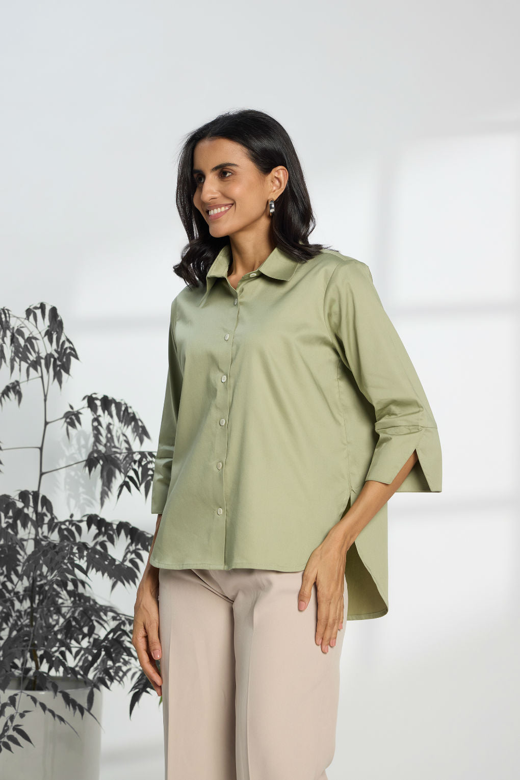 Jalapeno Green - Cotton Satin Formal Shirt for Women