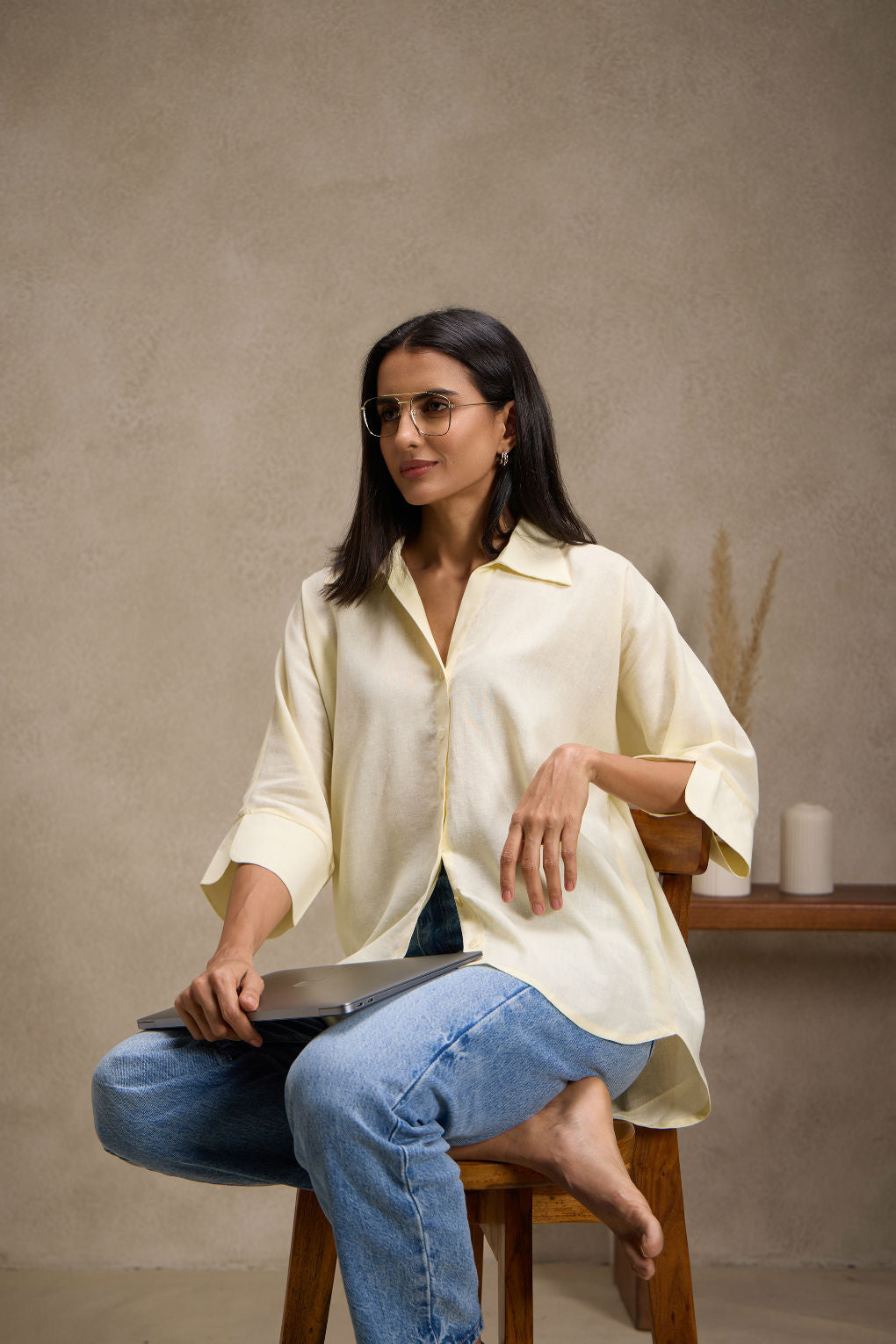 Lemon blossom - Linen Dolman Sleeve Shirt for Women