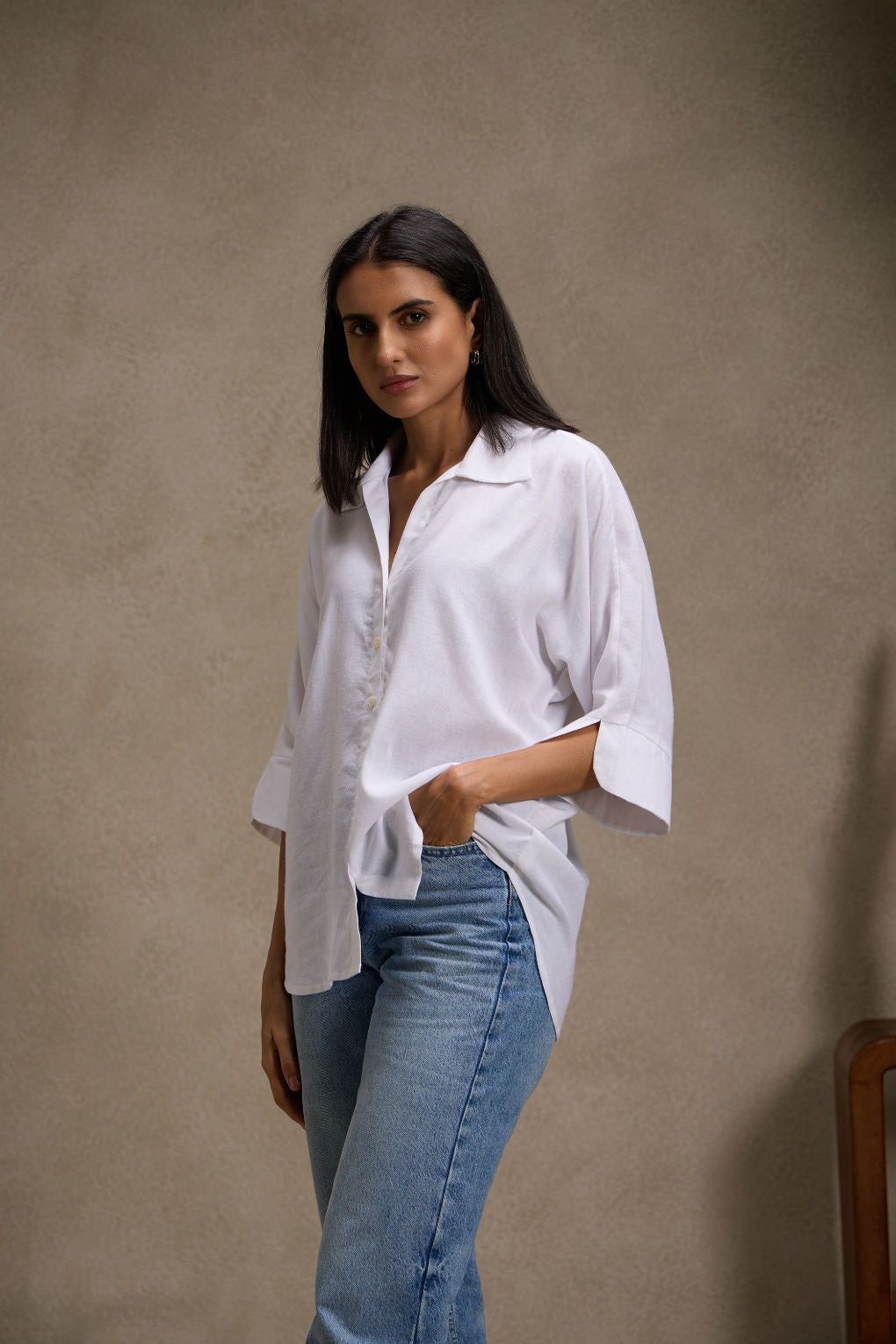 Vanilla White - Linen Dolman Sleeve Shirt for Women