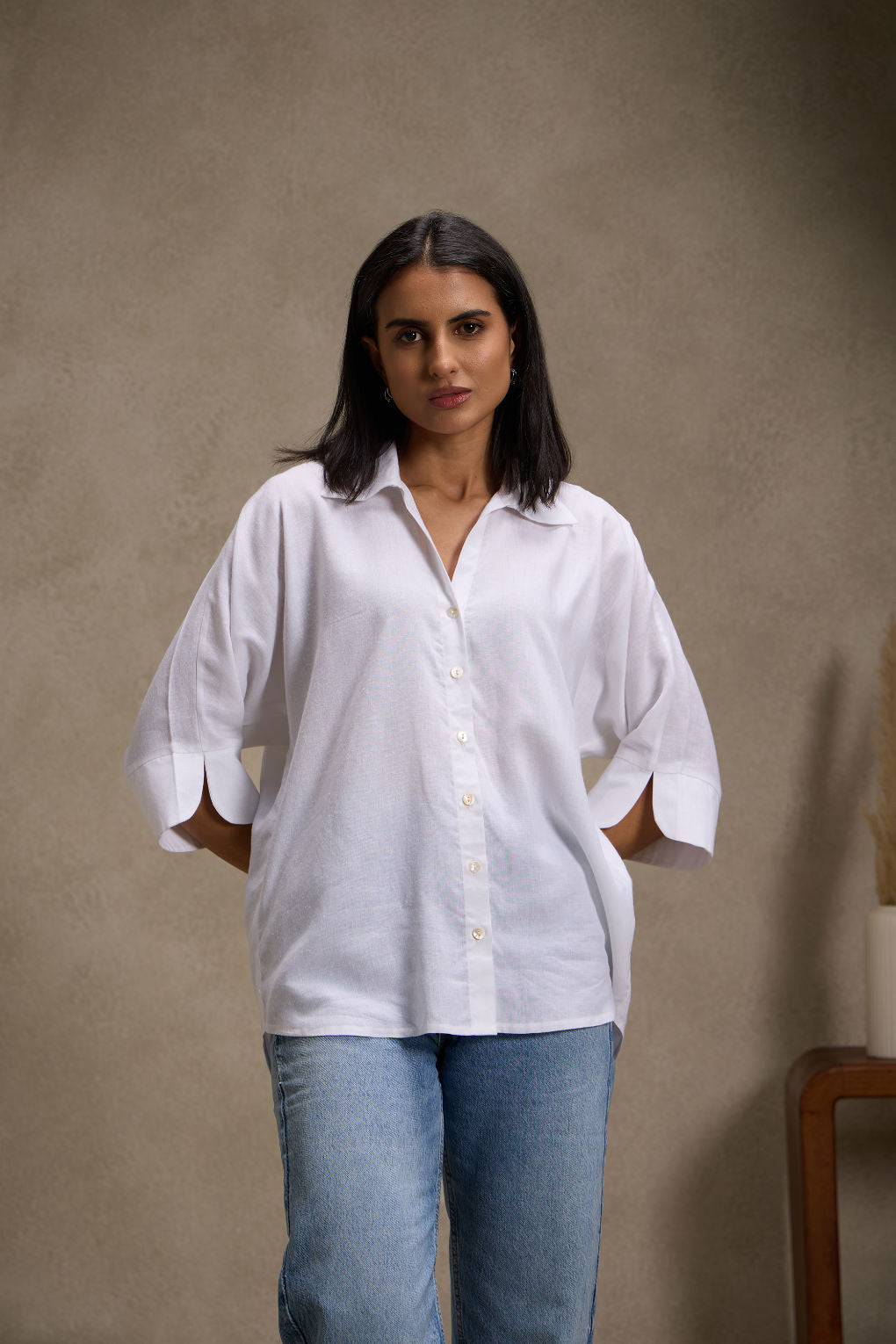 Vanilla White - Linen Dolman Sleeve Shirt for Women