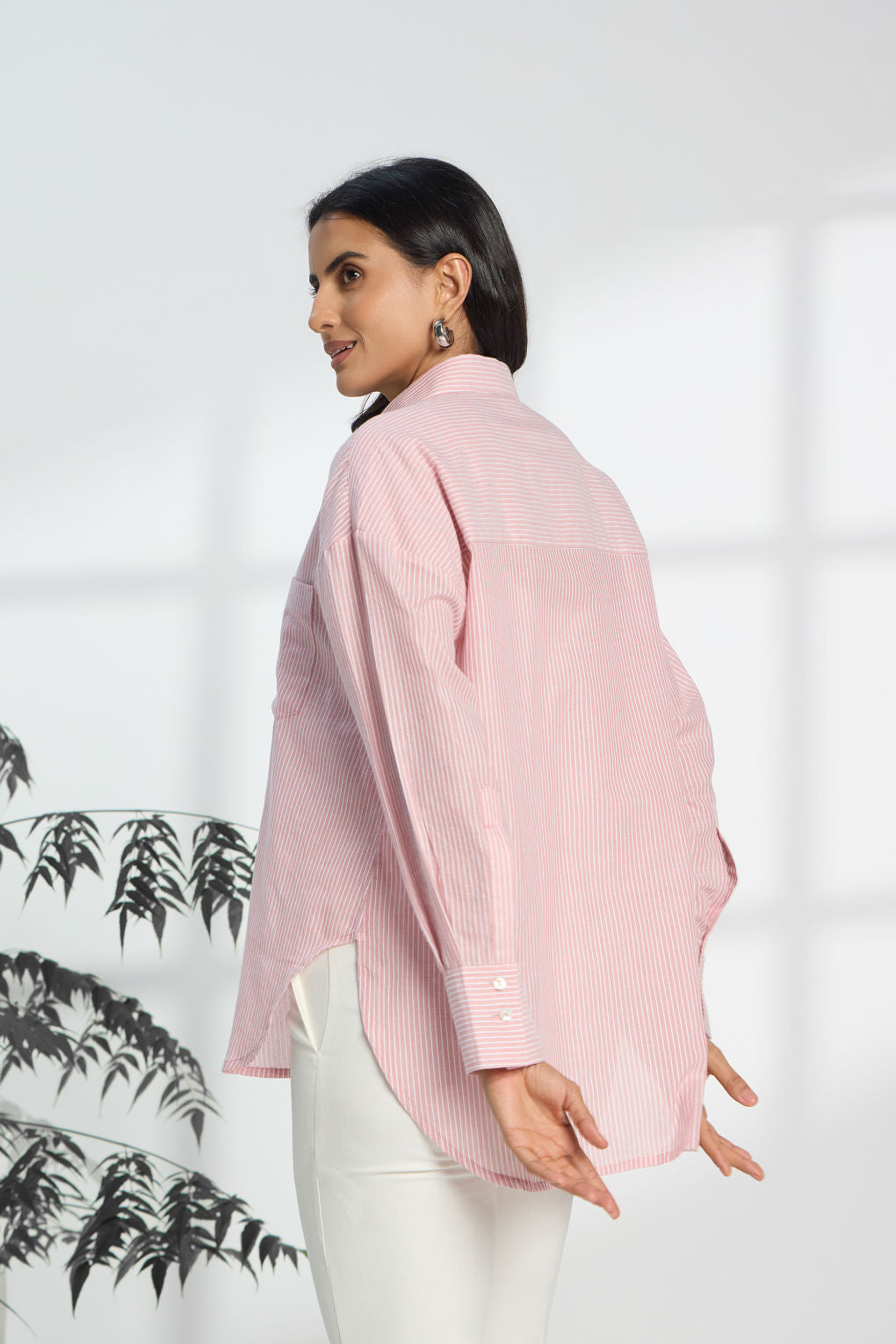 Flamingo Pink Stripe - Oversized Cotton Shirt for Women