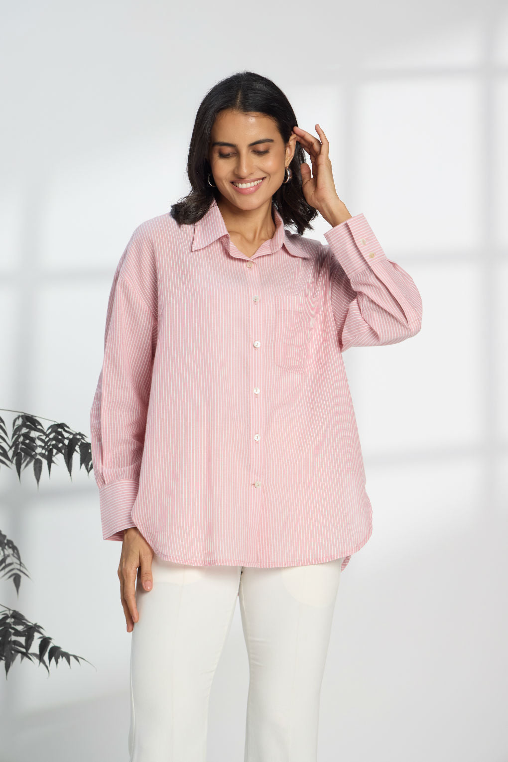 Flamingo Pink Stripe - Oversized Cotton Shirt for Women