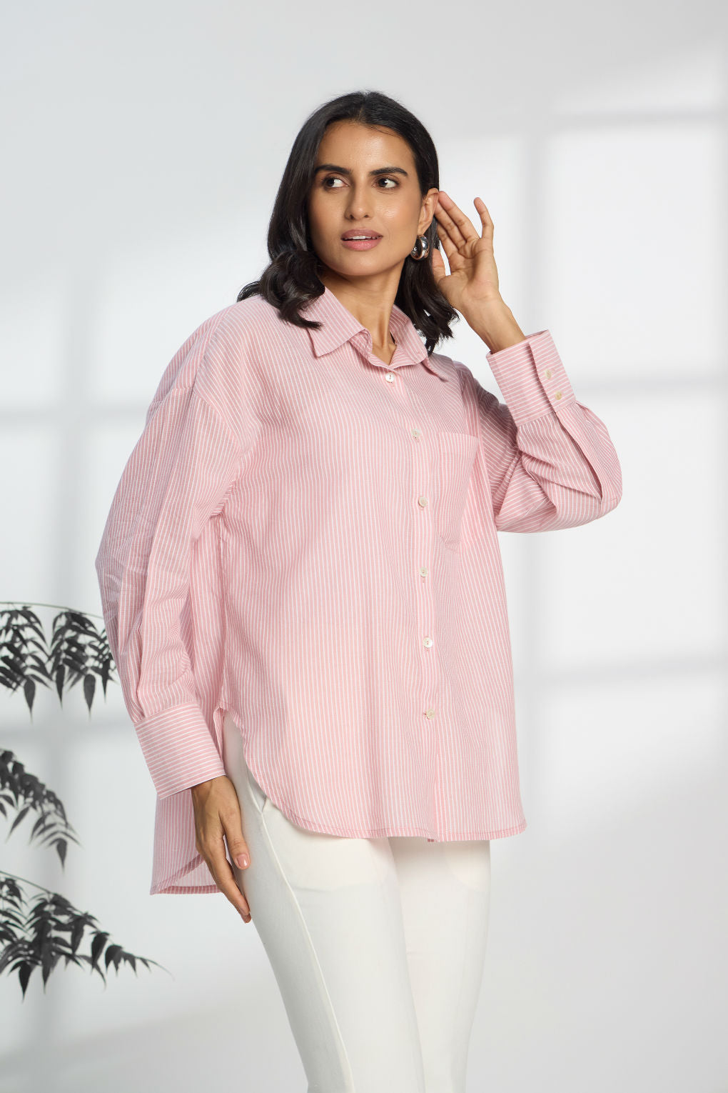 Flamingo Pink Stripe - Oversized Cotton Shirt for Women