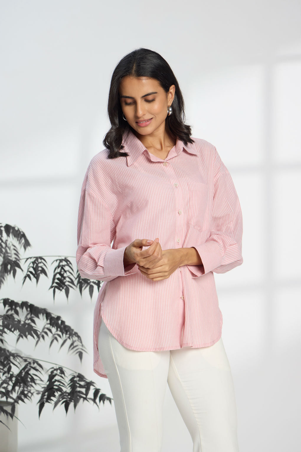 Flamingo Pink Stripe - Oversized Cotton Shirt for Women