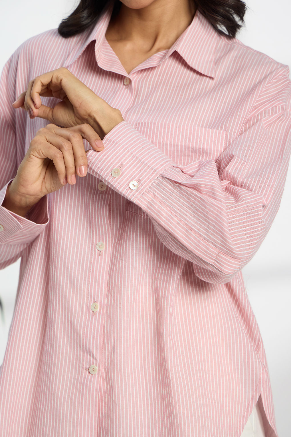 Flamingo Pink Stripe - Oversized Cotton Shirt for Women