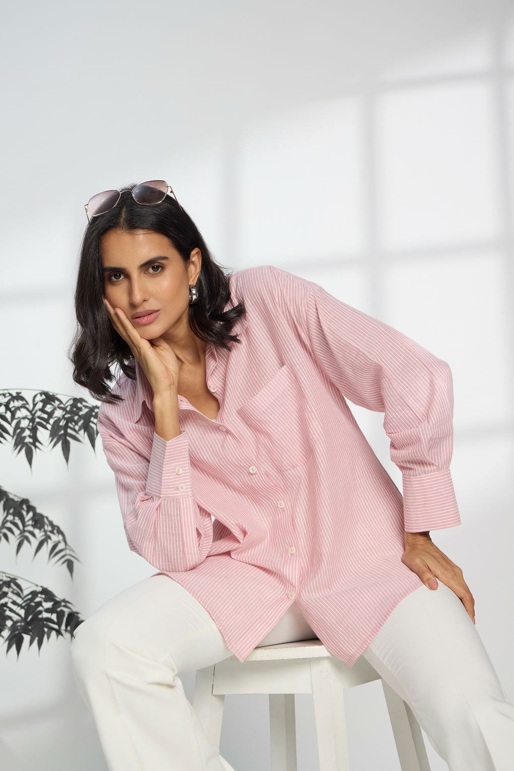 Flamingo Pink Stripe - Oversized Cotton Shirt for Women