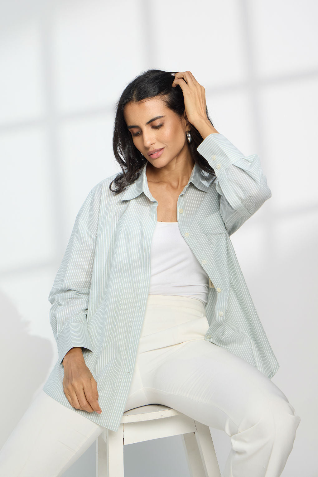 Green Apple Stripe - Oversized Cotton Shirt for Women