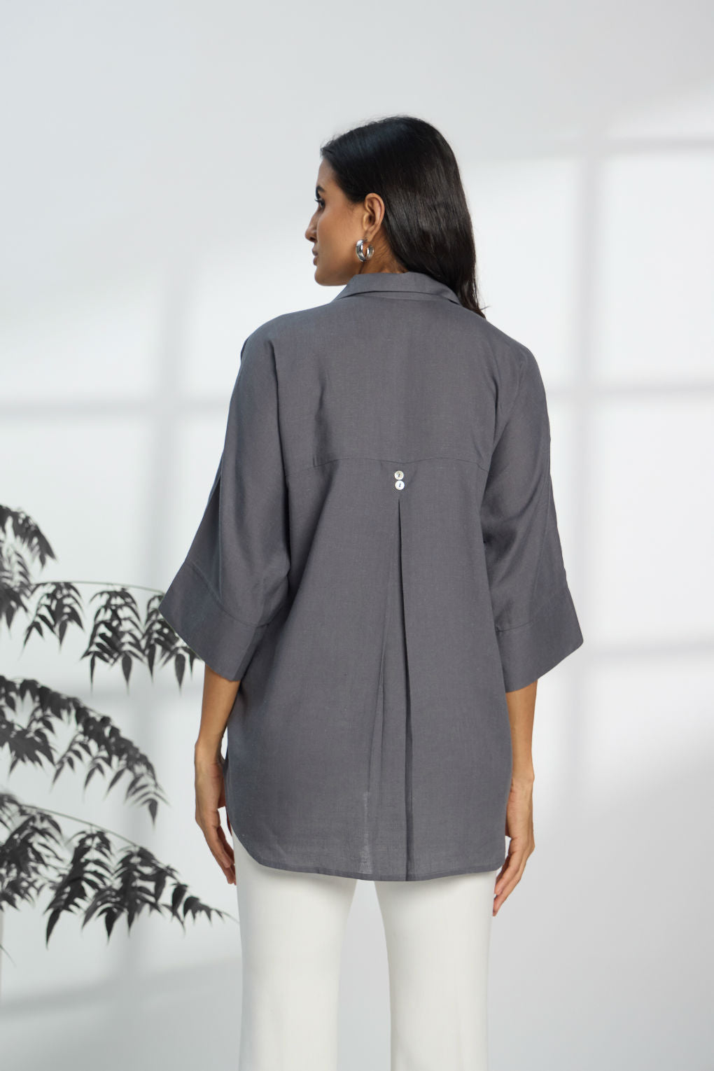 Shadow Grey - Linen Dolman Sleeve Shirt for Women