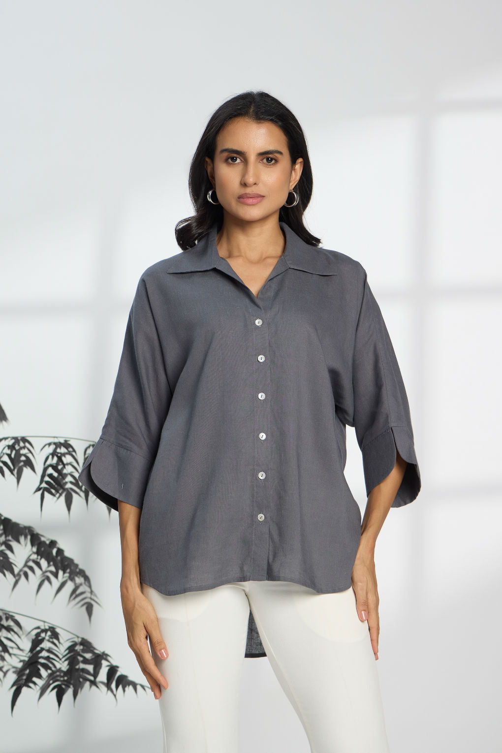 Shadow Grey - Linen Dolman Sleeve Shirt for Women