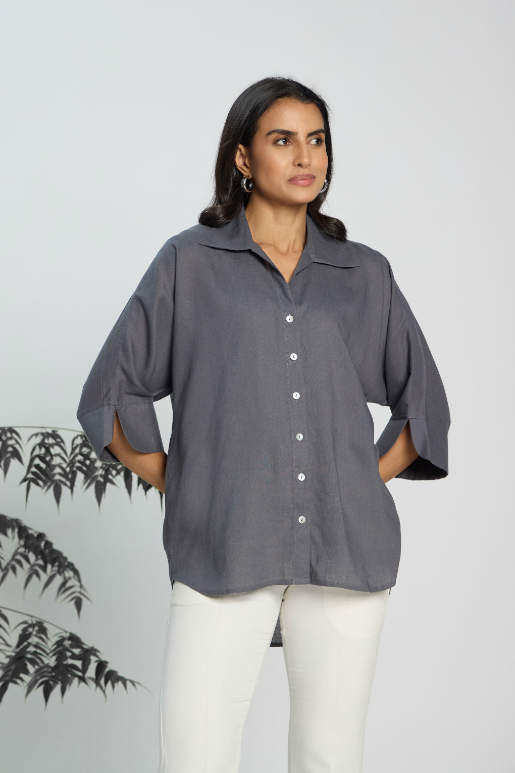 Shadow Grey - Linen Dolman Sleeve Shirt for Women