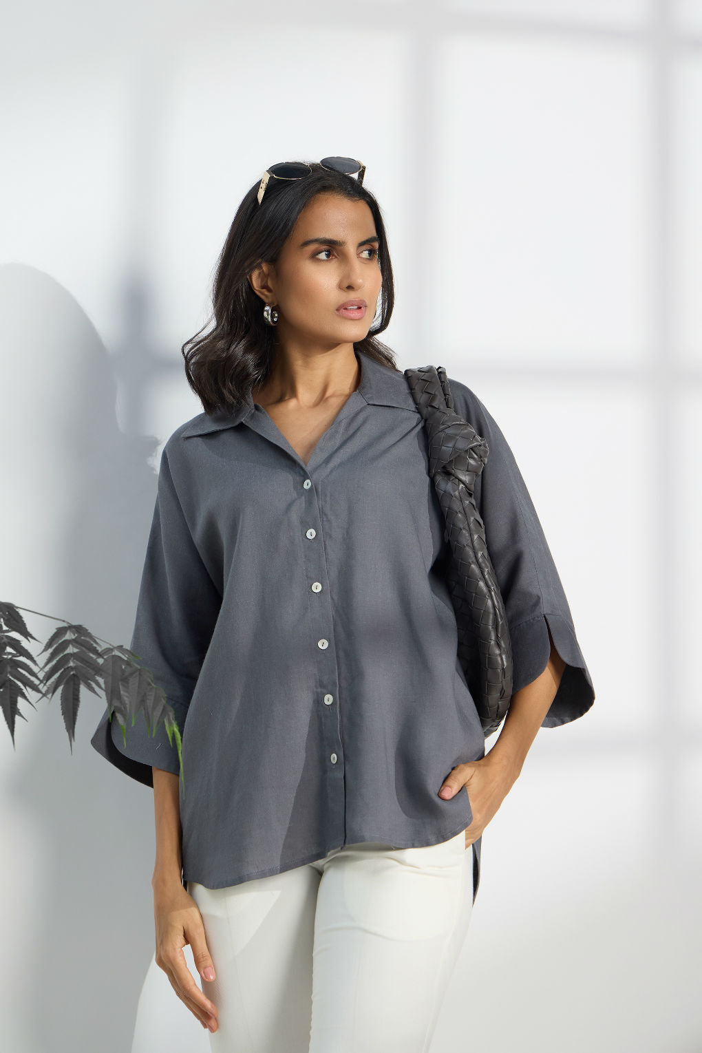 Shadow Grey - Linen Dolman Sleeve Shirt for Women