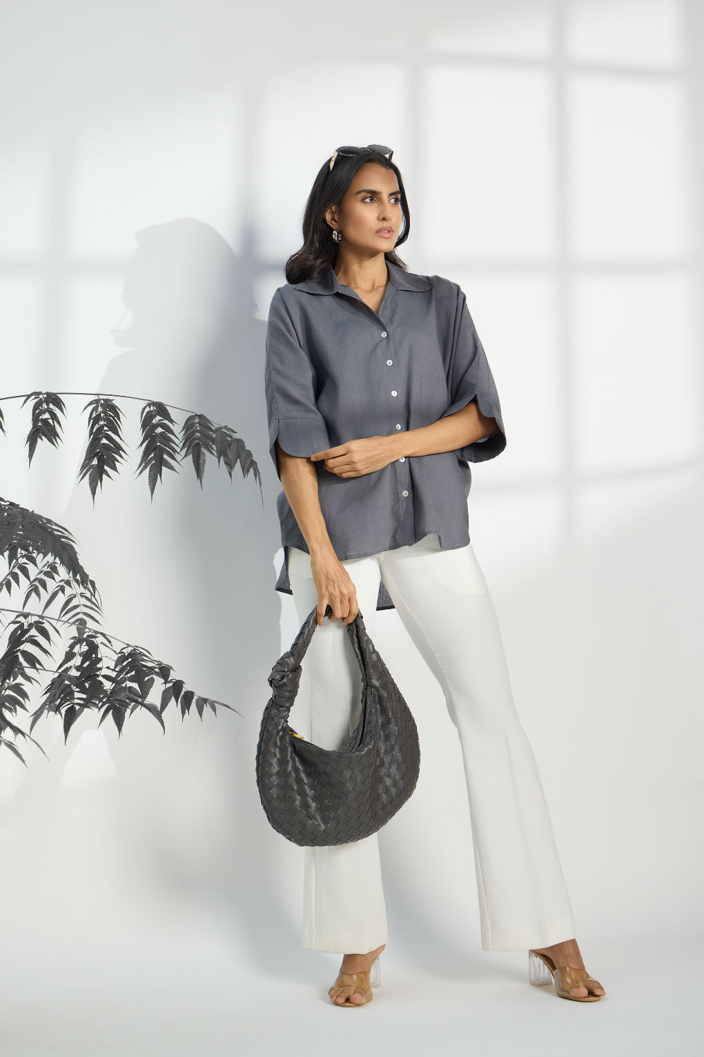Shadow Grey - Linen Dolman Sleeve Shirt for Women