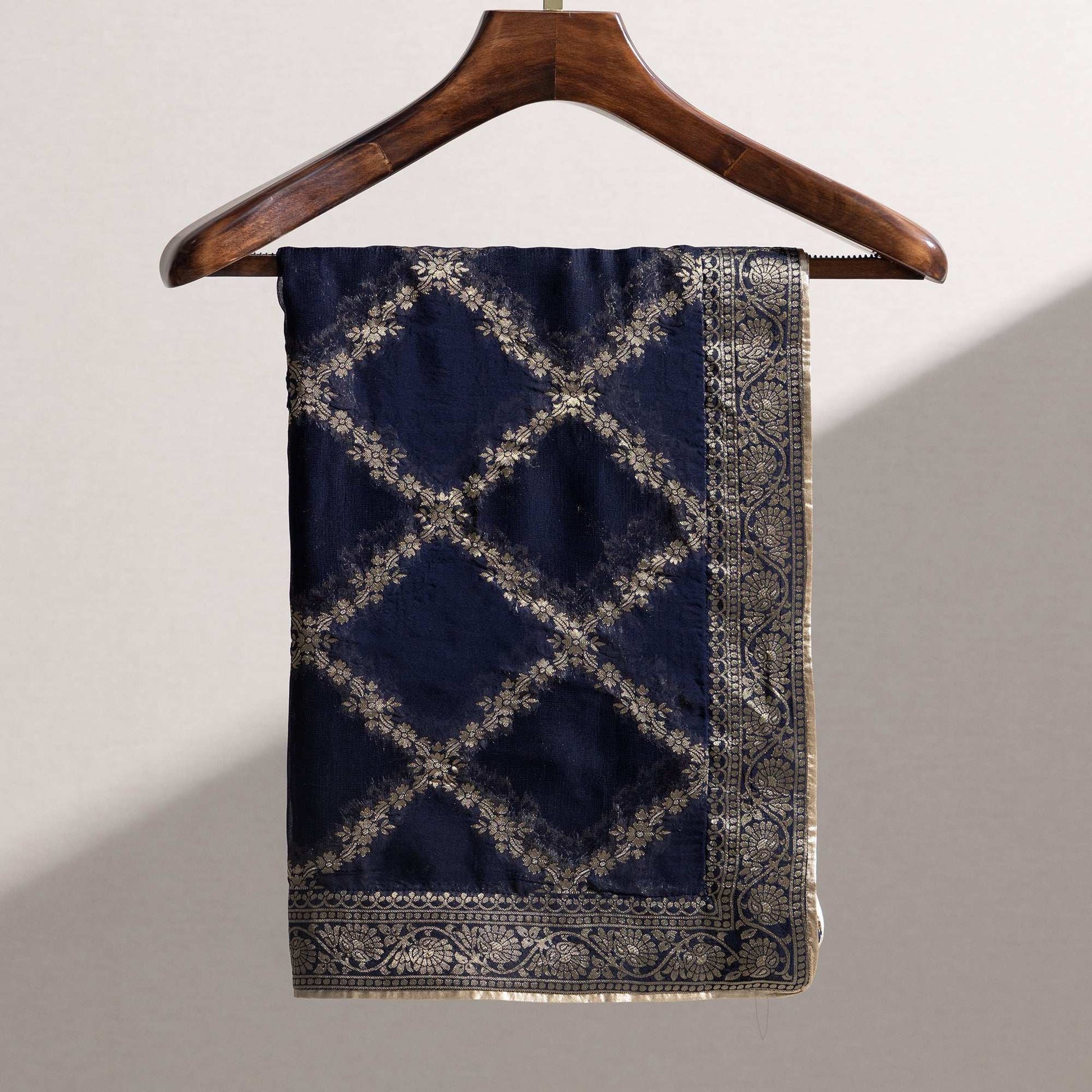 Navy Blue Organza Zari Dupatta with Checkered Pattern Dupatta