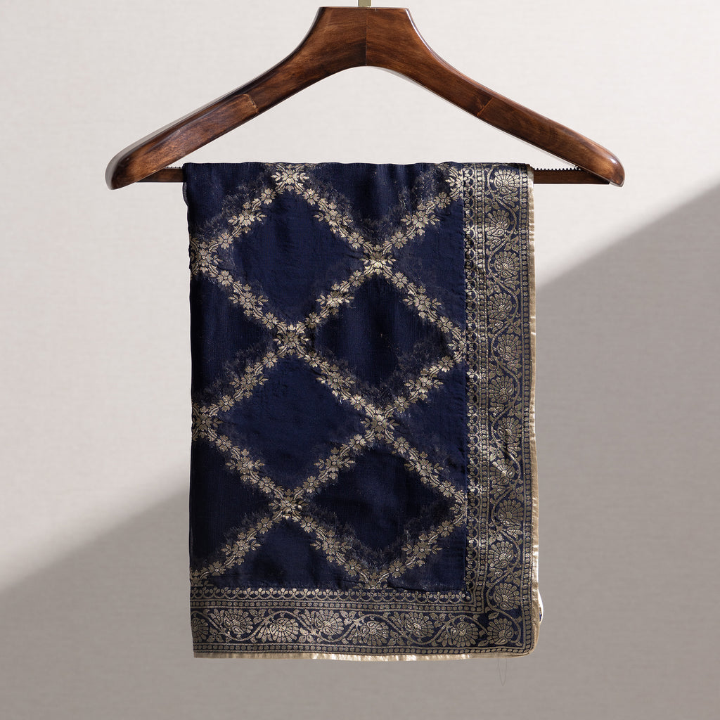 Navy Blue Organza Zari Dupatta with Checkered Pattern