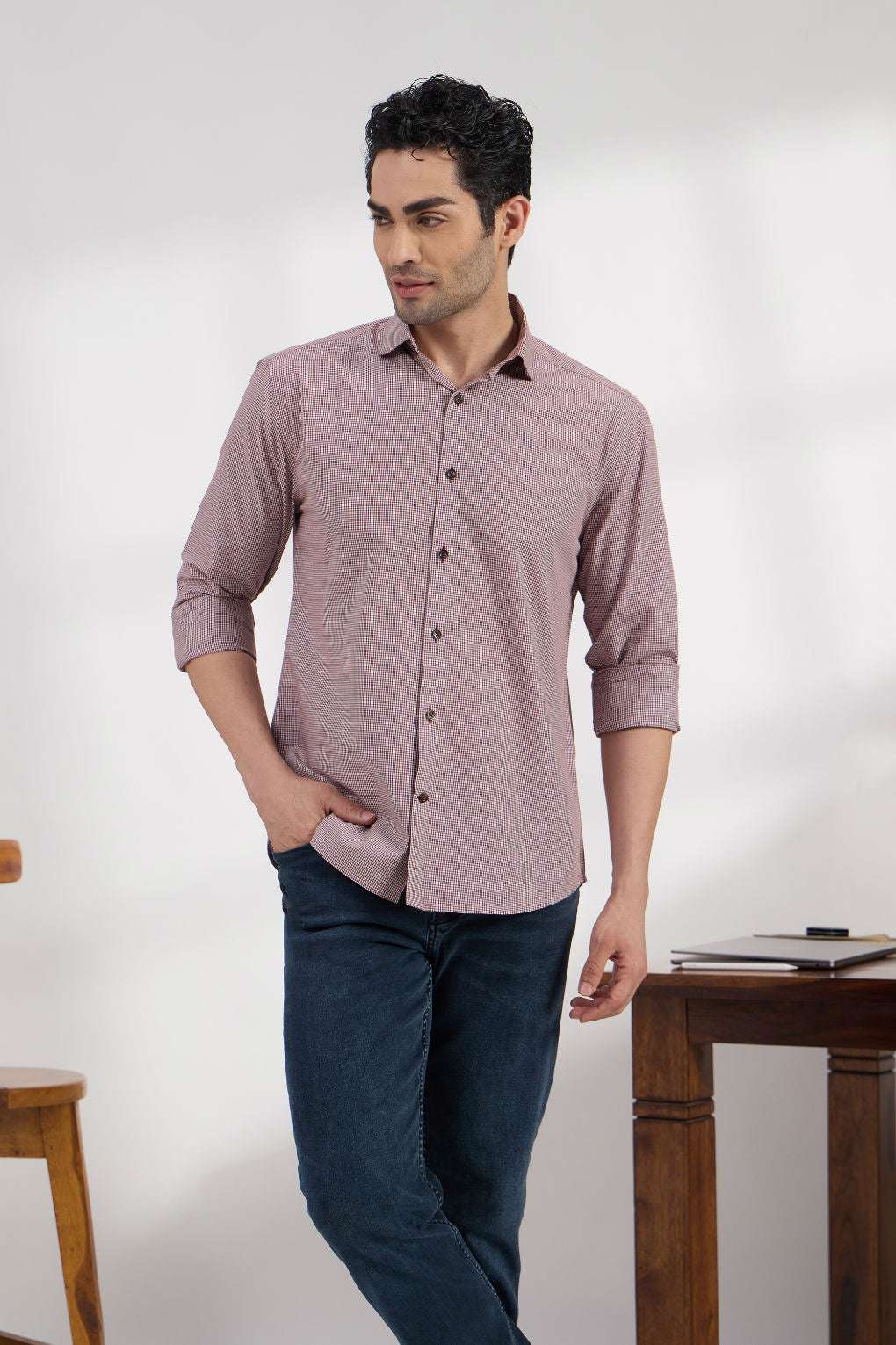 Micro check Garnet - Spread Collar Poplin Formal Men's Shirt Women's Shirts Women's Shirts