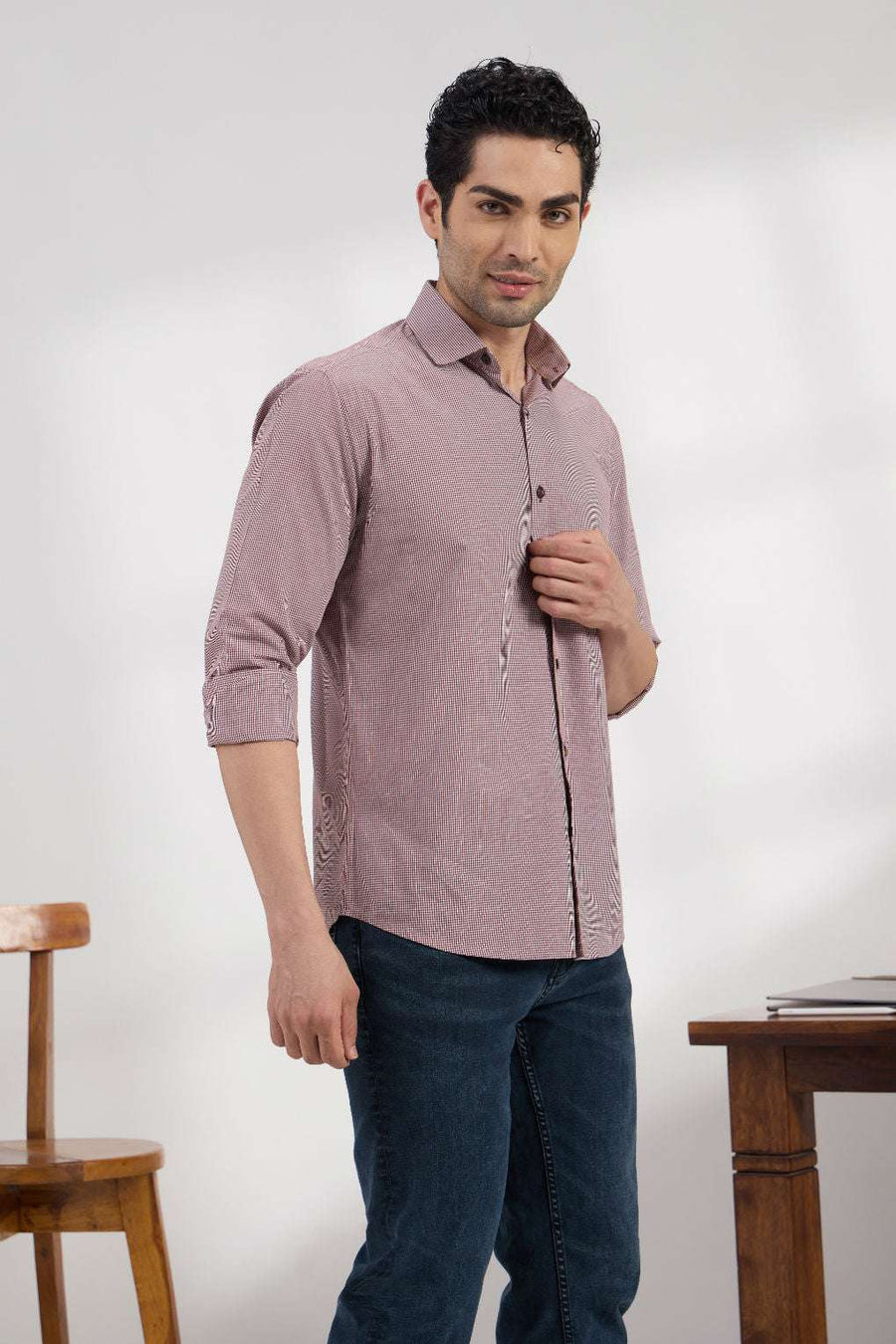 Micro check Garnet - Spread Collar Poplin Formal Men's Shirt Women's Shirts Women's Shirts