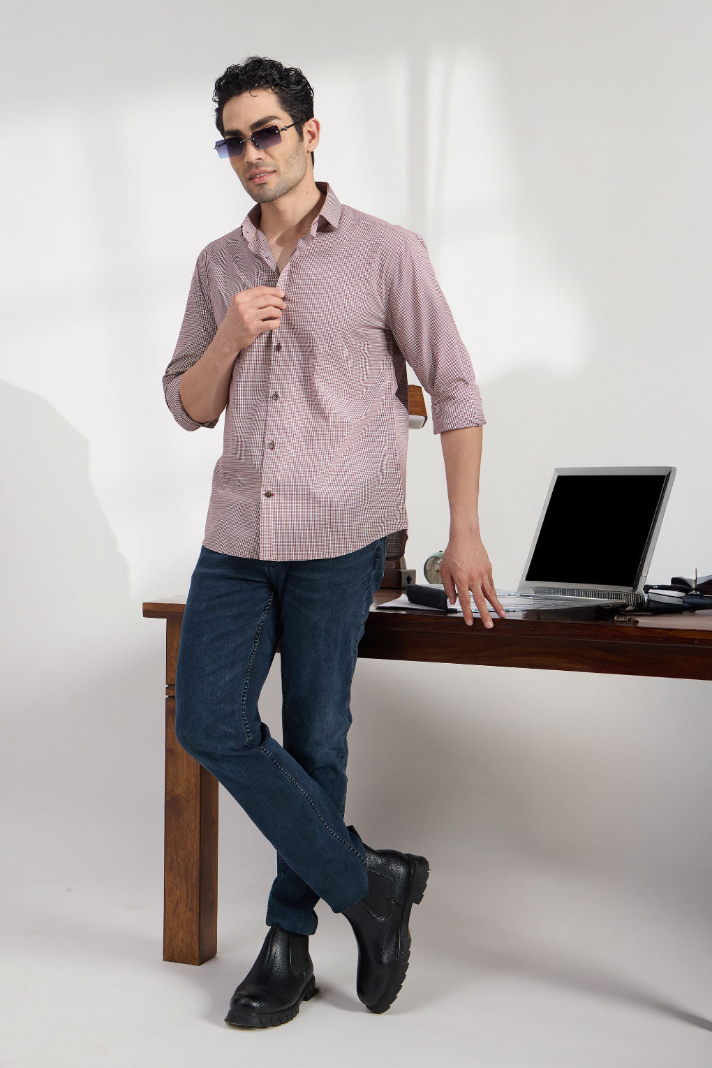 Micro check Garnet - Spread Collar Poplin Formal Men's Shirt Women's Shirts Women's Shirts